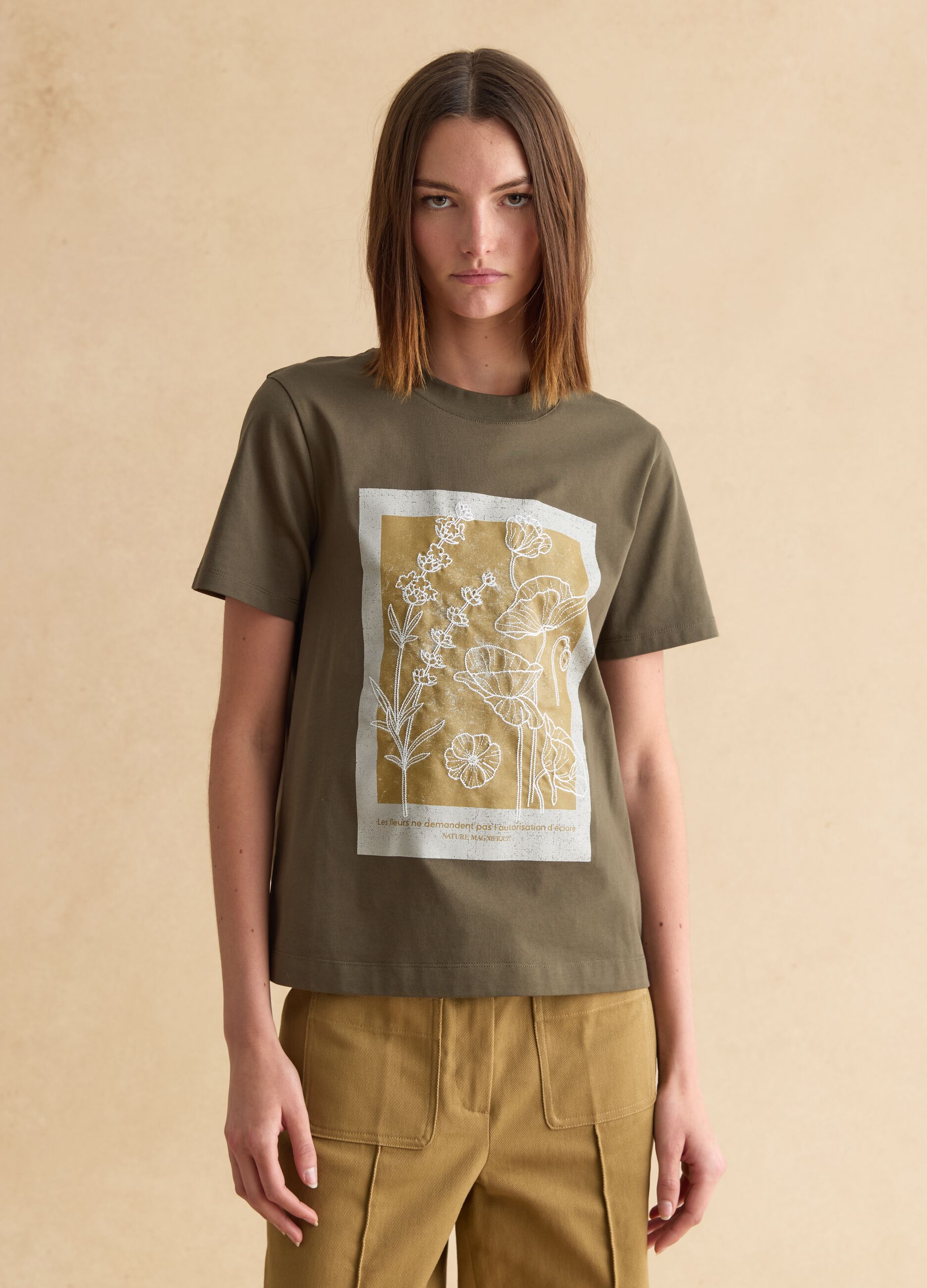 Green pure cotton regular fit T-shirt with floral print