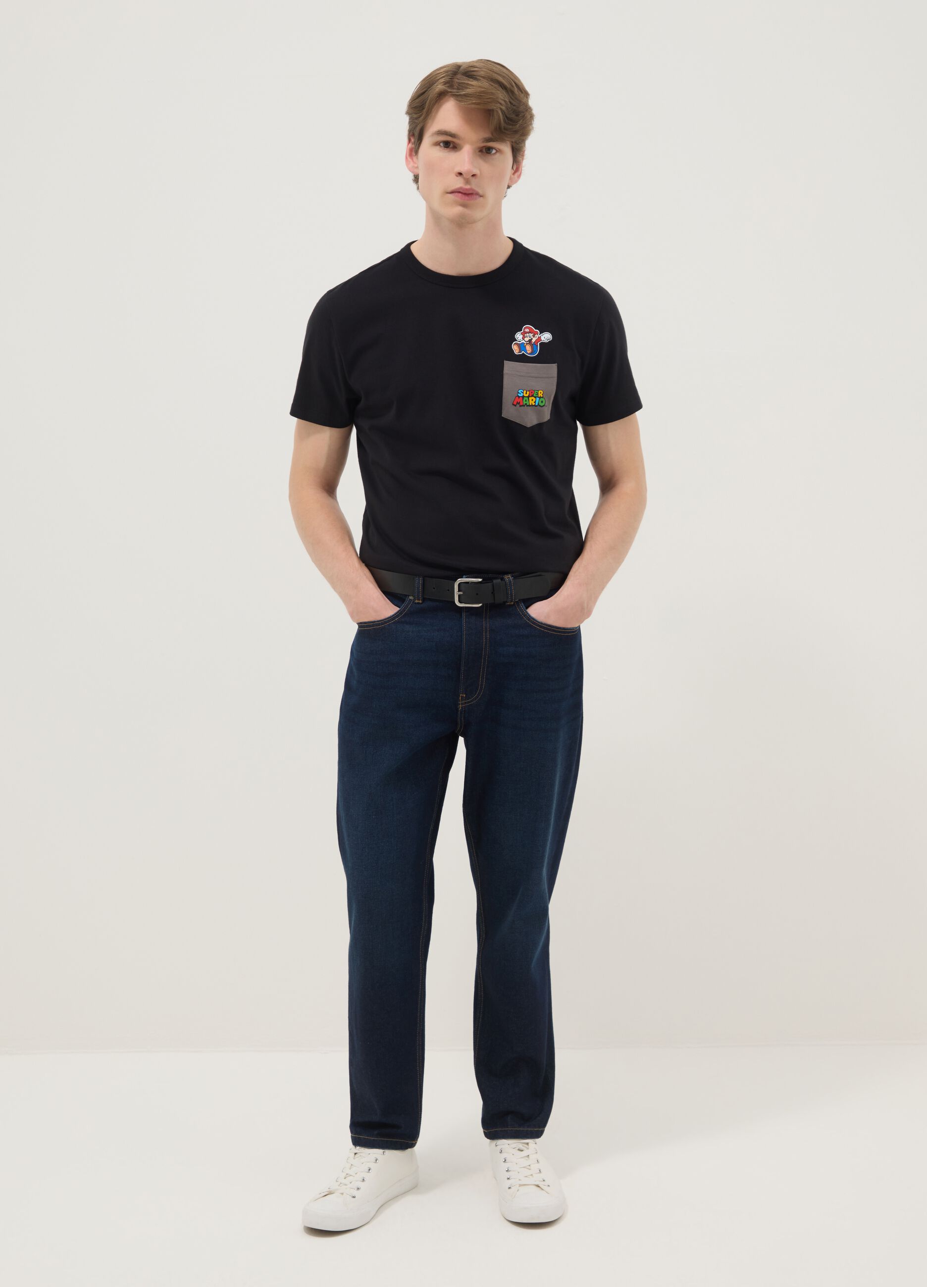 Black pure cotton regular fit T-shirt with Super Mario print