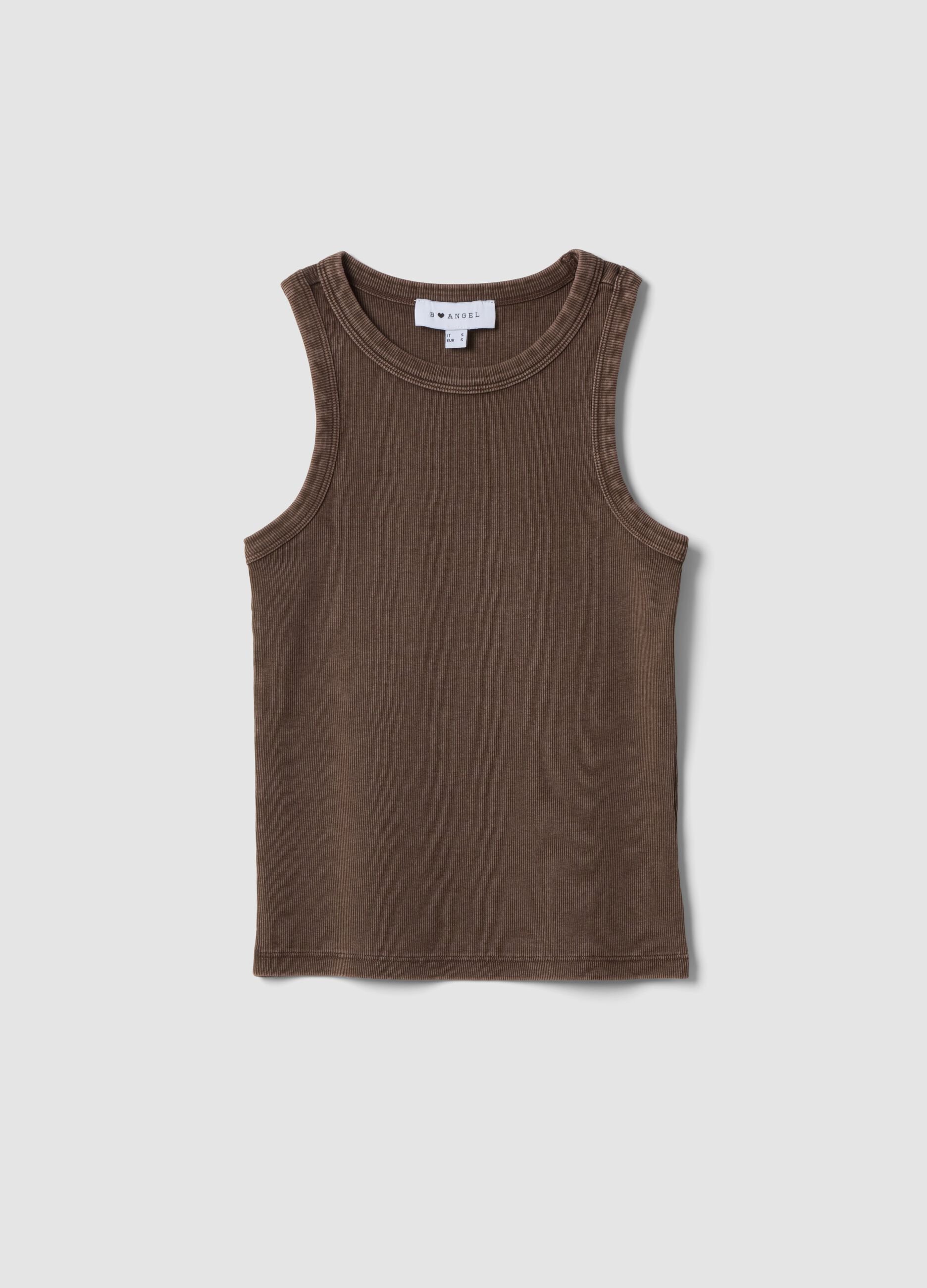 Brown ribbed stretch cotton fitted tank top