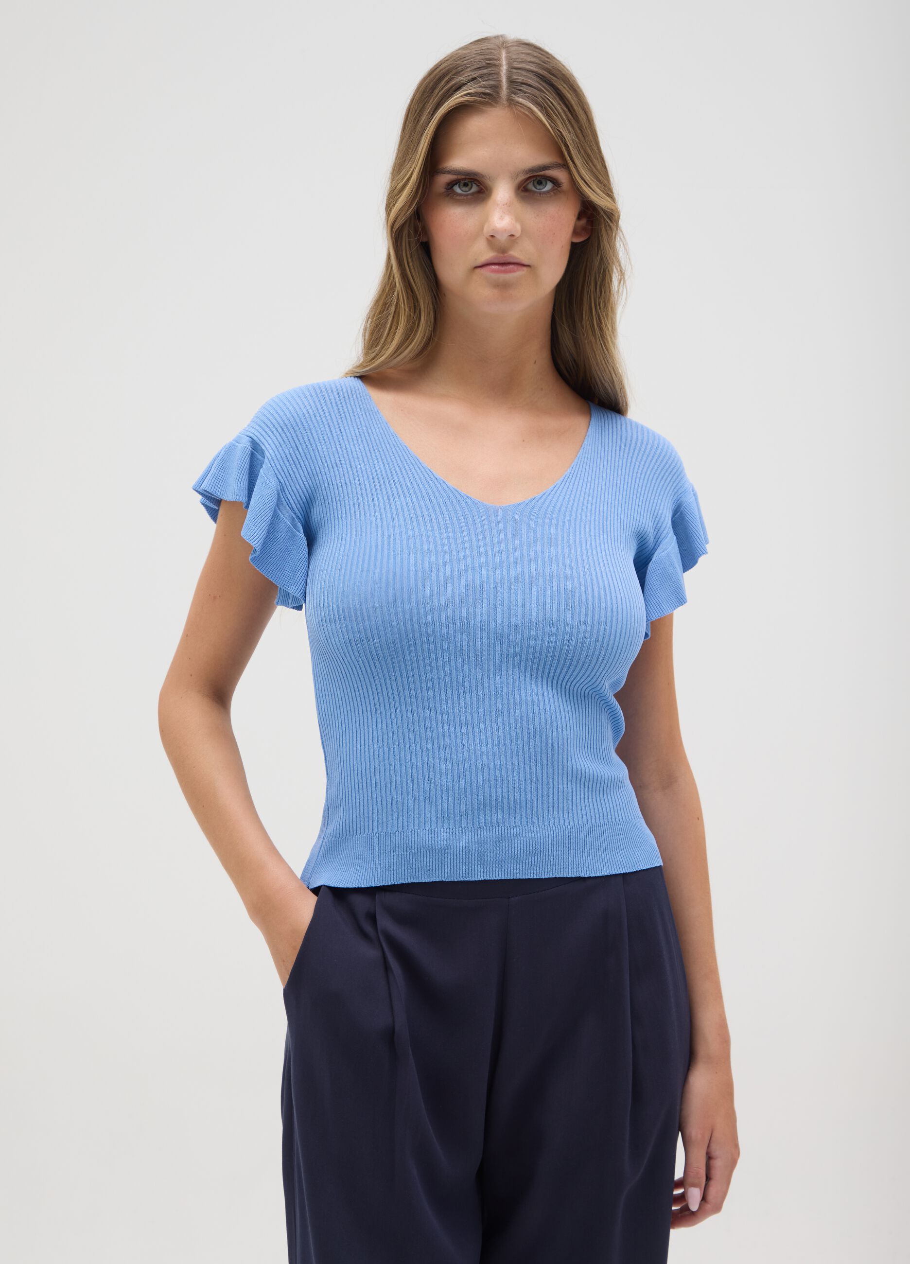 Women's blue viscose regular fit t-shirt with ruffles
