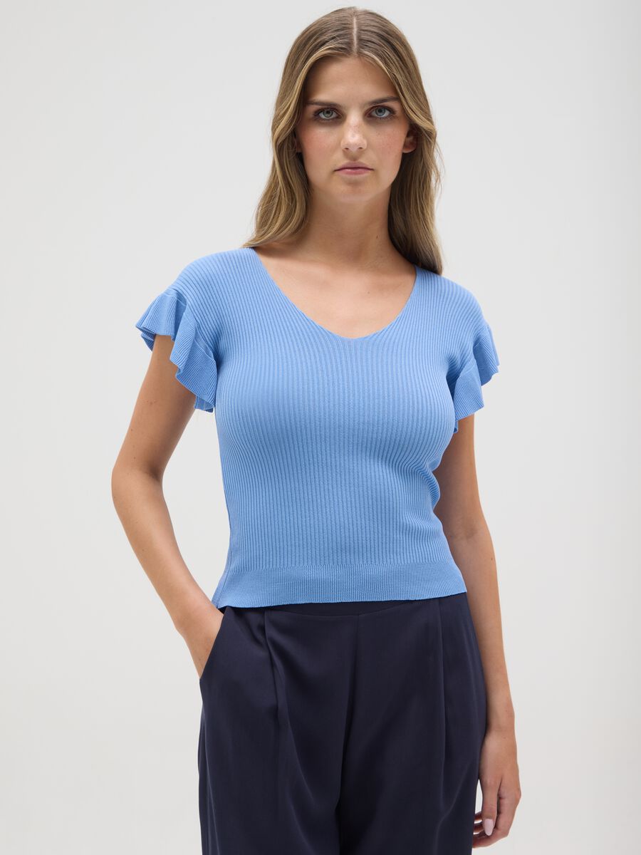 Women's blue viscose regular fit t-shirt with ruffles_0