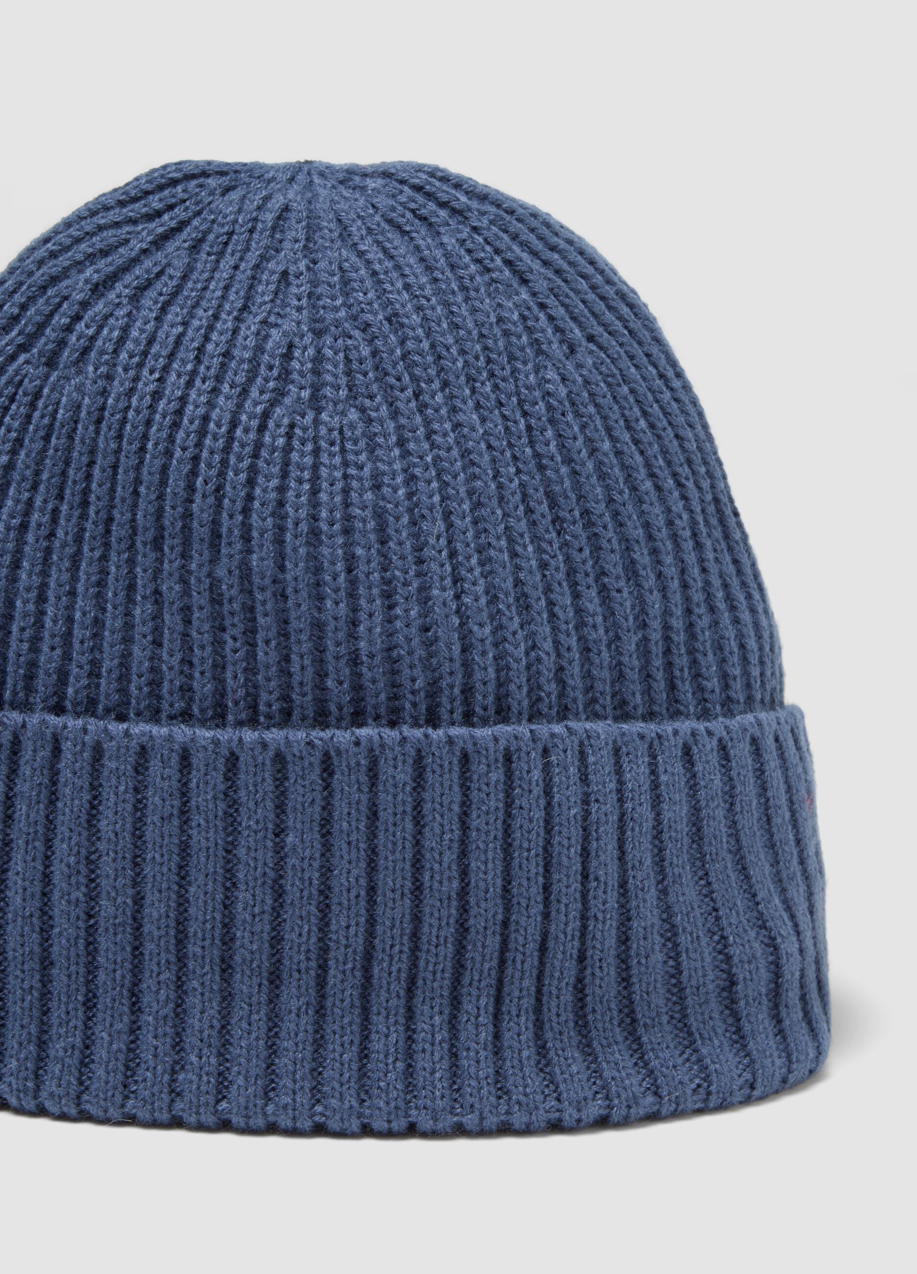 Blue knitted beanie with cuff