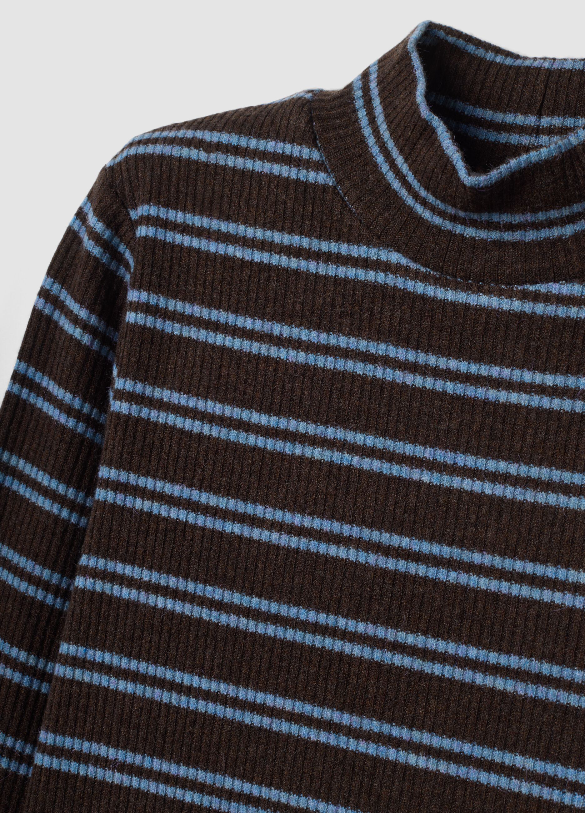 Brown striped stretch T-shirt with raised neck