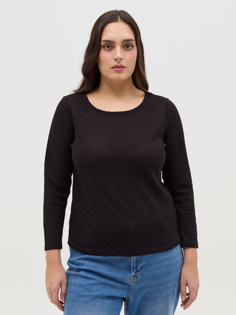 Curvy long-sleeved T-shirt with lace weave_0