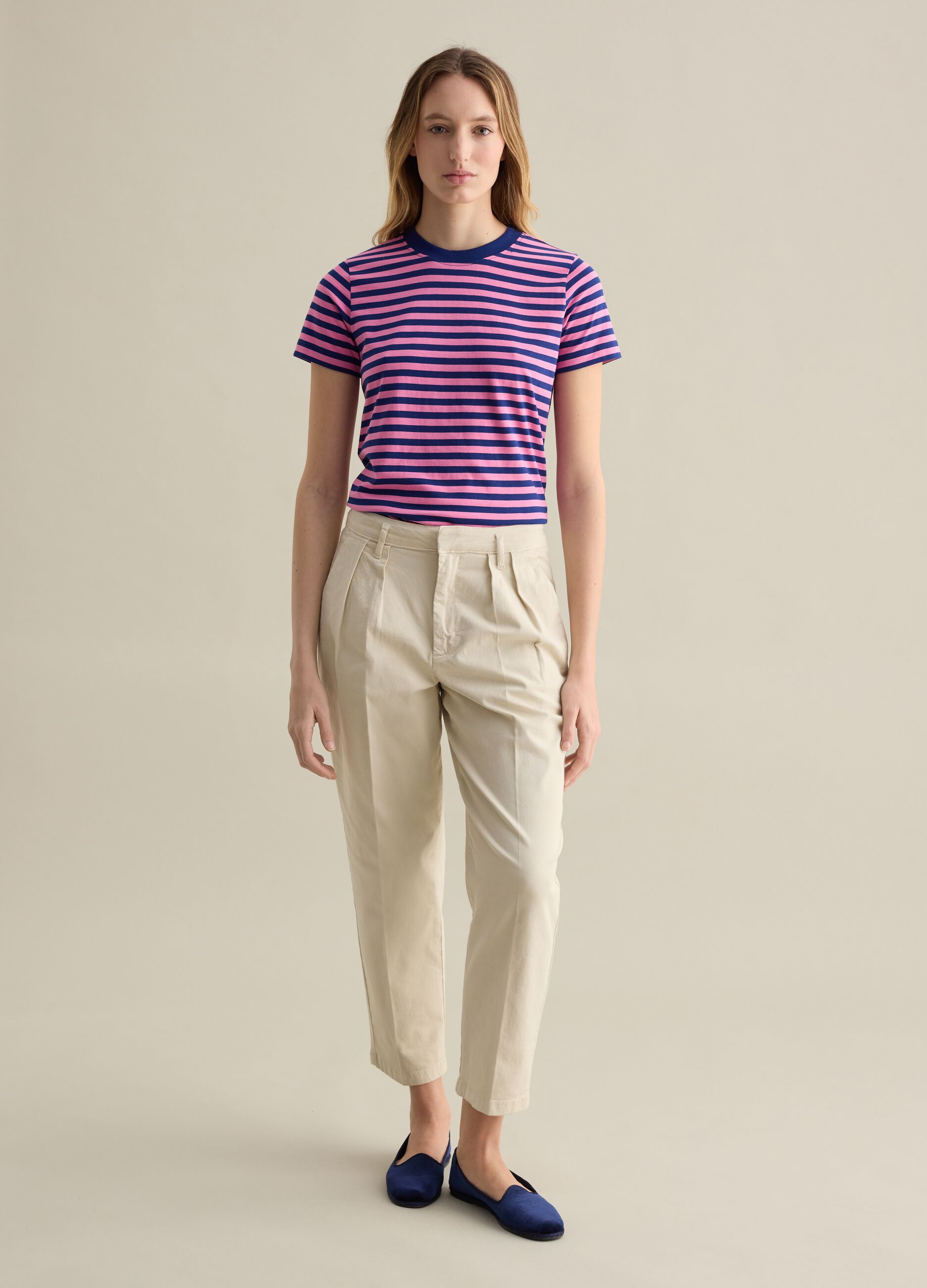Pink and blue striped T-shirt with short sleeves