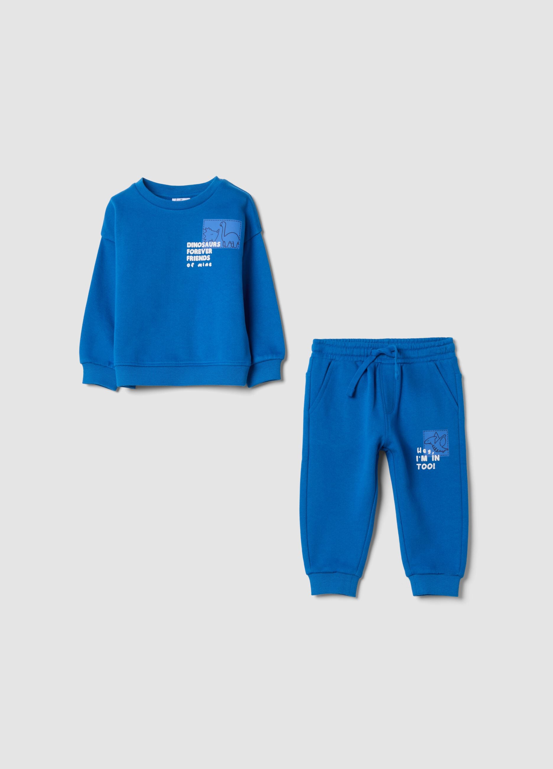 Completo jogging blu in puro cotone con stampa dinosauri over fit