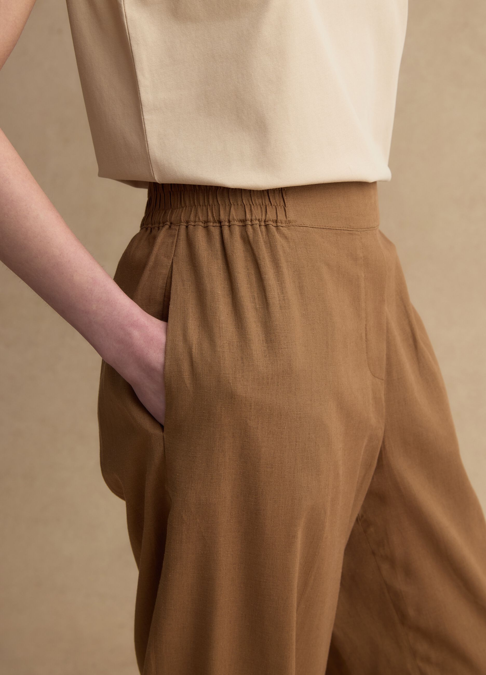 Pantaloni in misto lino e viscosa marroni wide leg