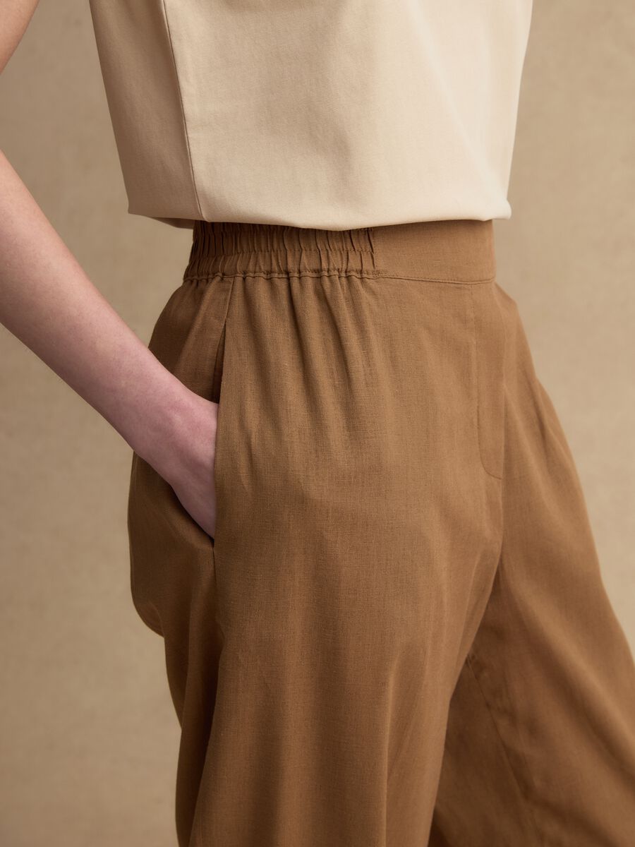 Pantaloni in misto lino e viscosa marroni wide leg_3