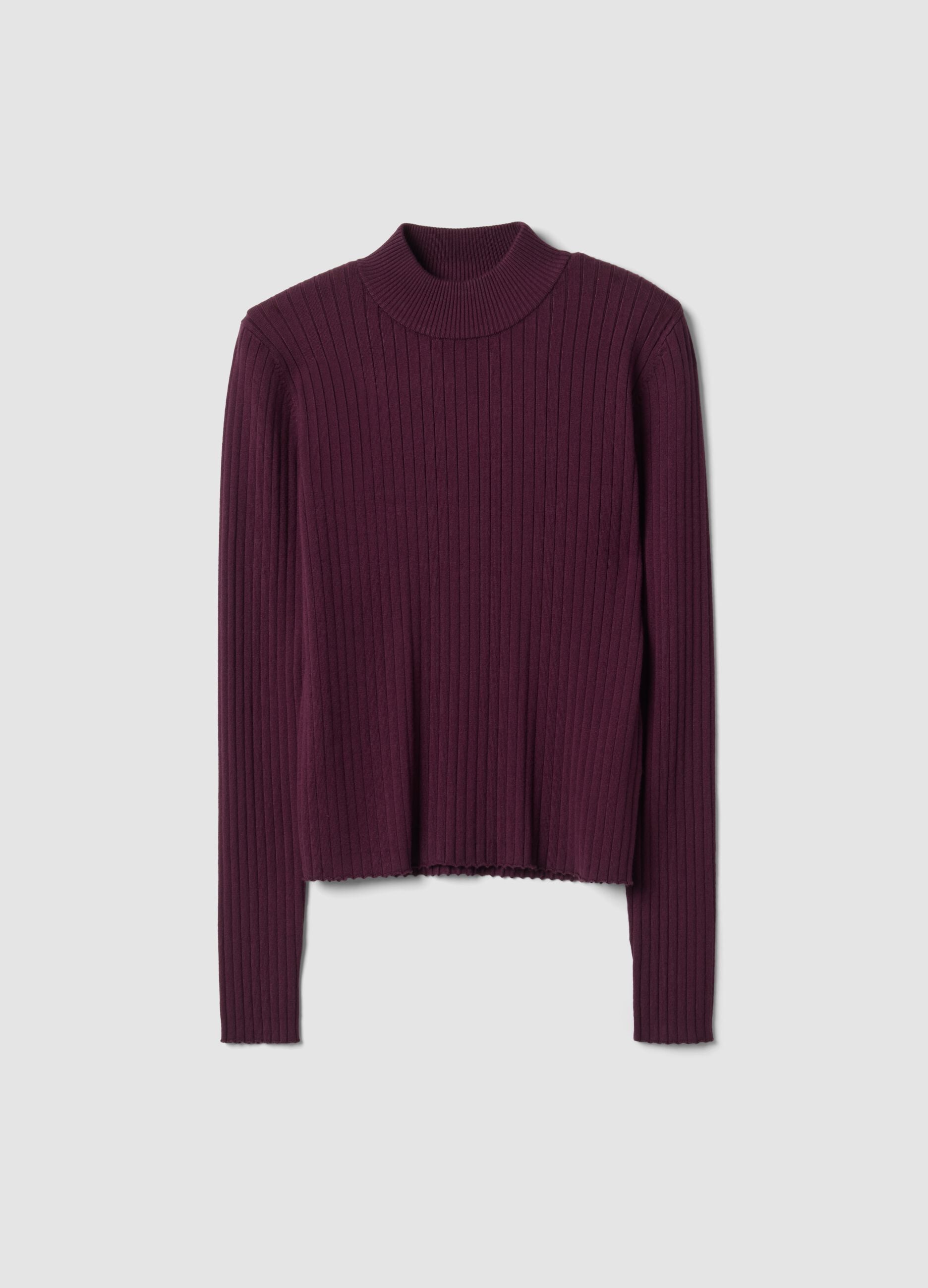 Purple ribbed viscose-blend top with high neck