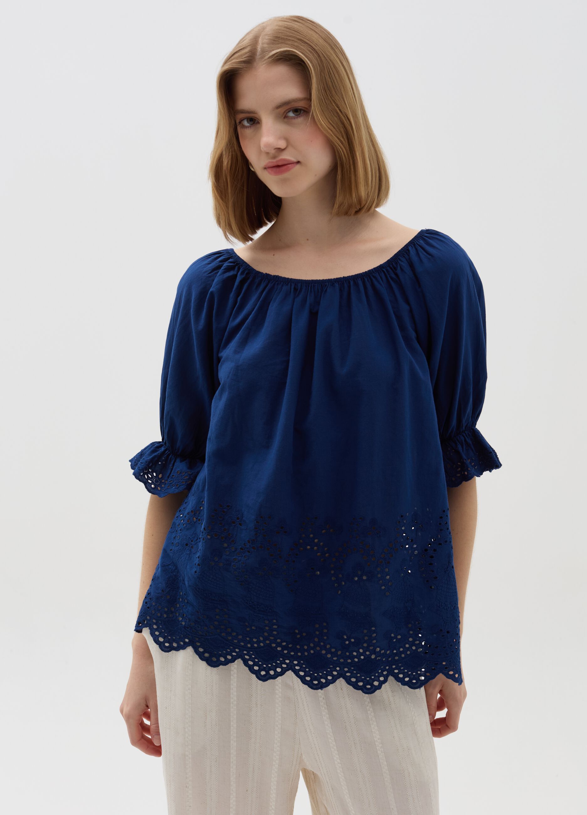 Blouse with embroidery and openwork details