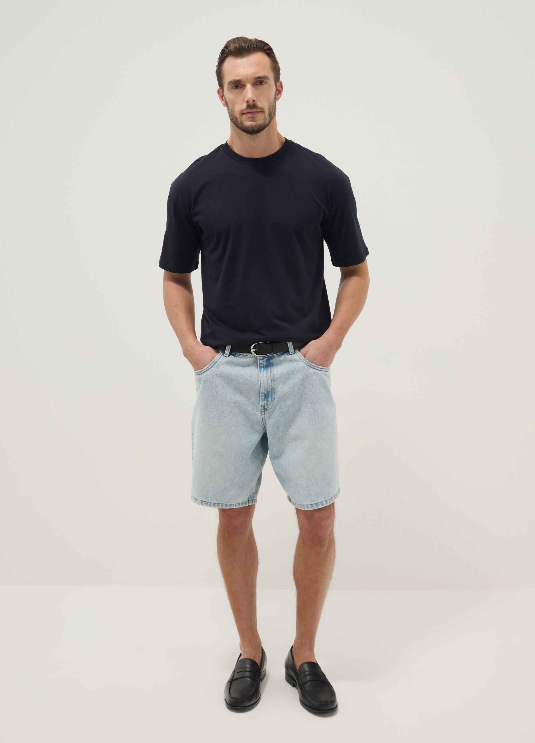 Light blue baggy-fit cotton-blend denim Bermuda shorts