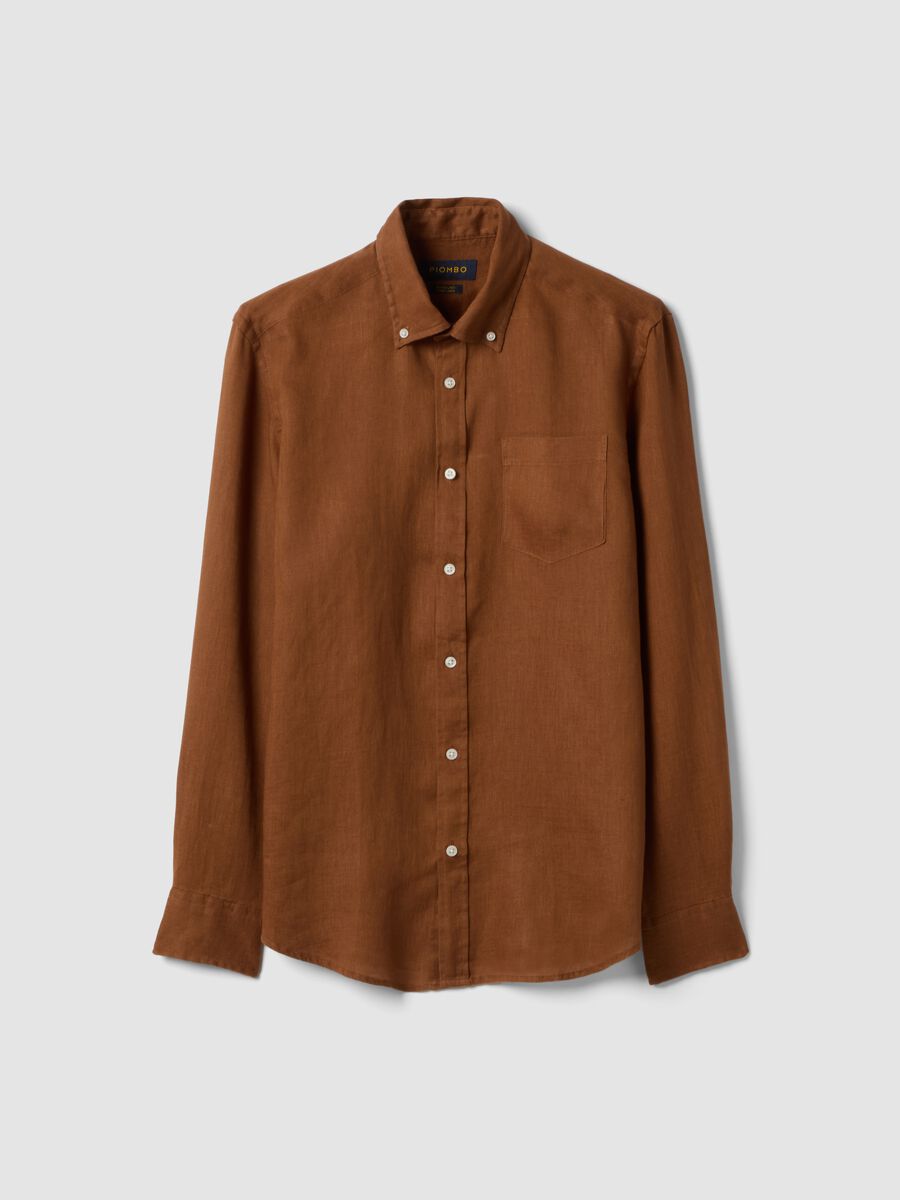 Camicia marrone in puro lino con collo button down regular fit_4