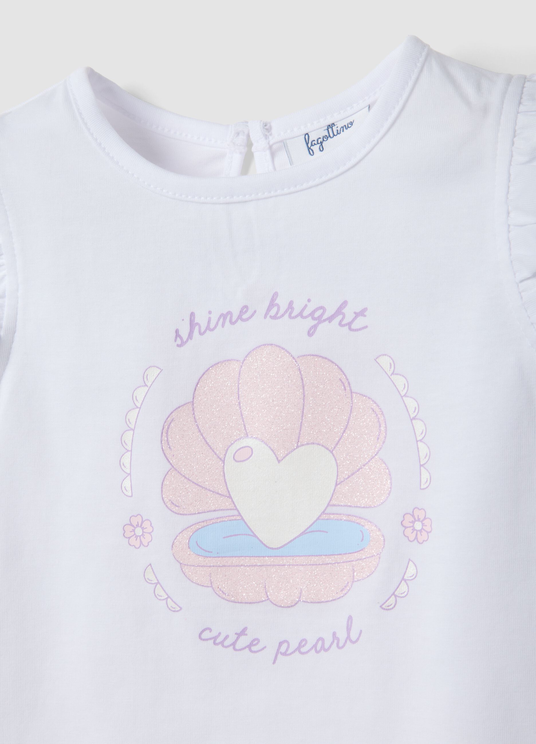 White organic cotton girls&rsquo; tank top with print and ruffles