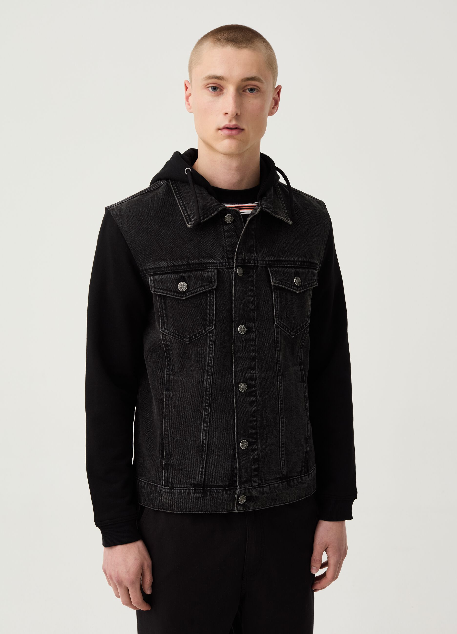 Ovs Giubbino in denim cappuccio e maniche in felpa
