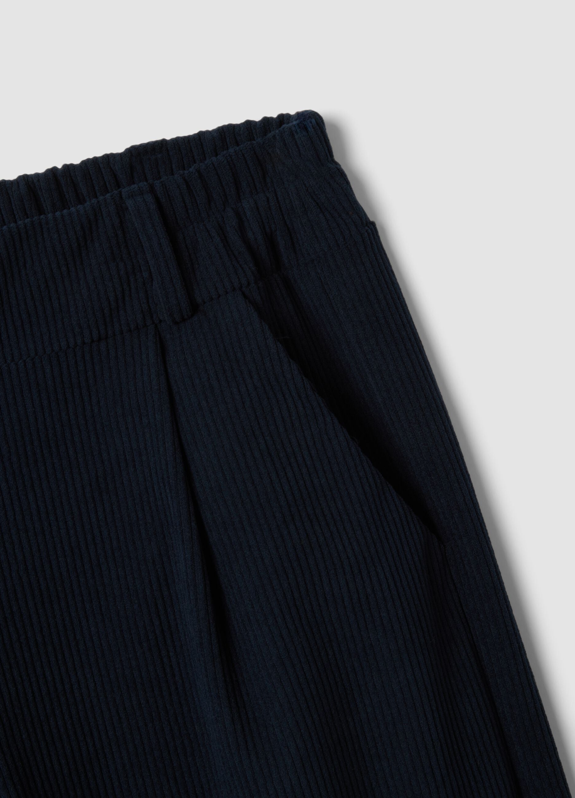 Navy blue wide-leg ribbed trousers, regular fit