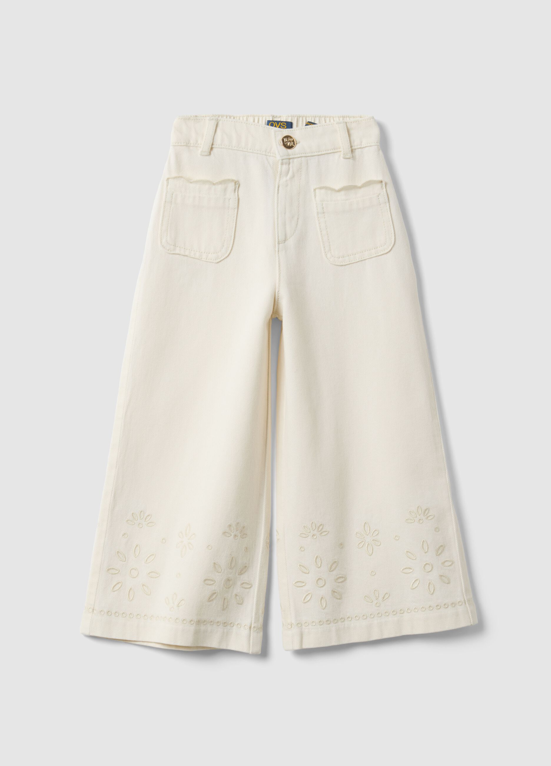 Pantaloni culotte in puro cotone bianco da bambina con ricami