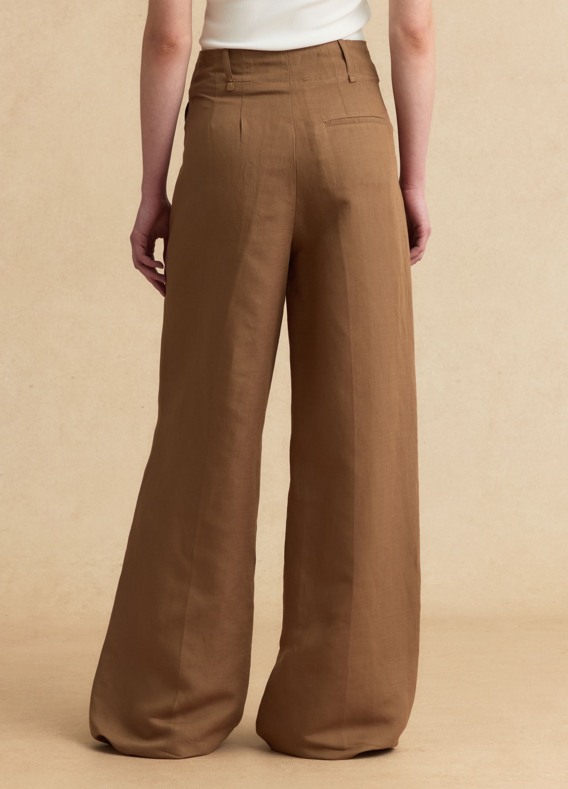 Brown linen-viscose blend wide-leg trousers with structured waistband