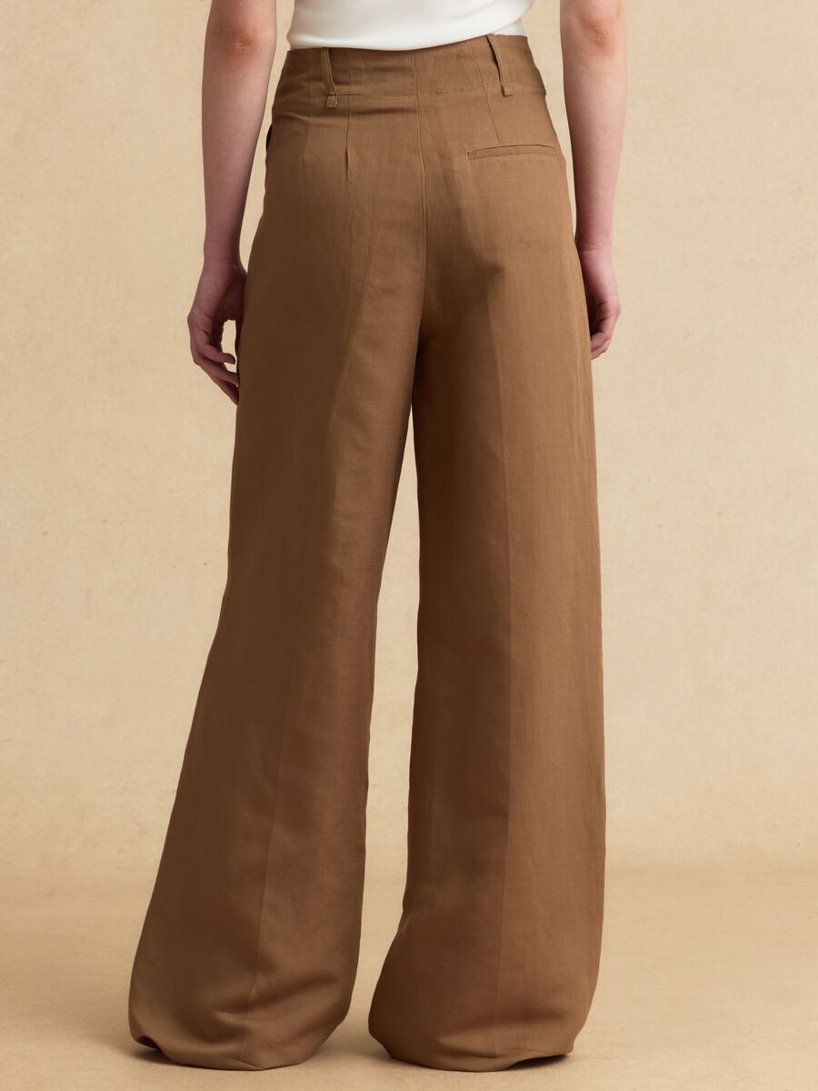 Brown linen-viscose blend wide-leg trousers with structured waistband_2