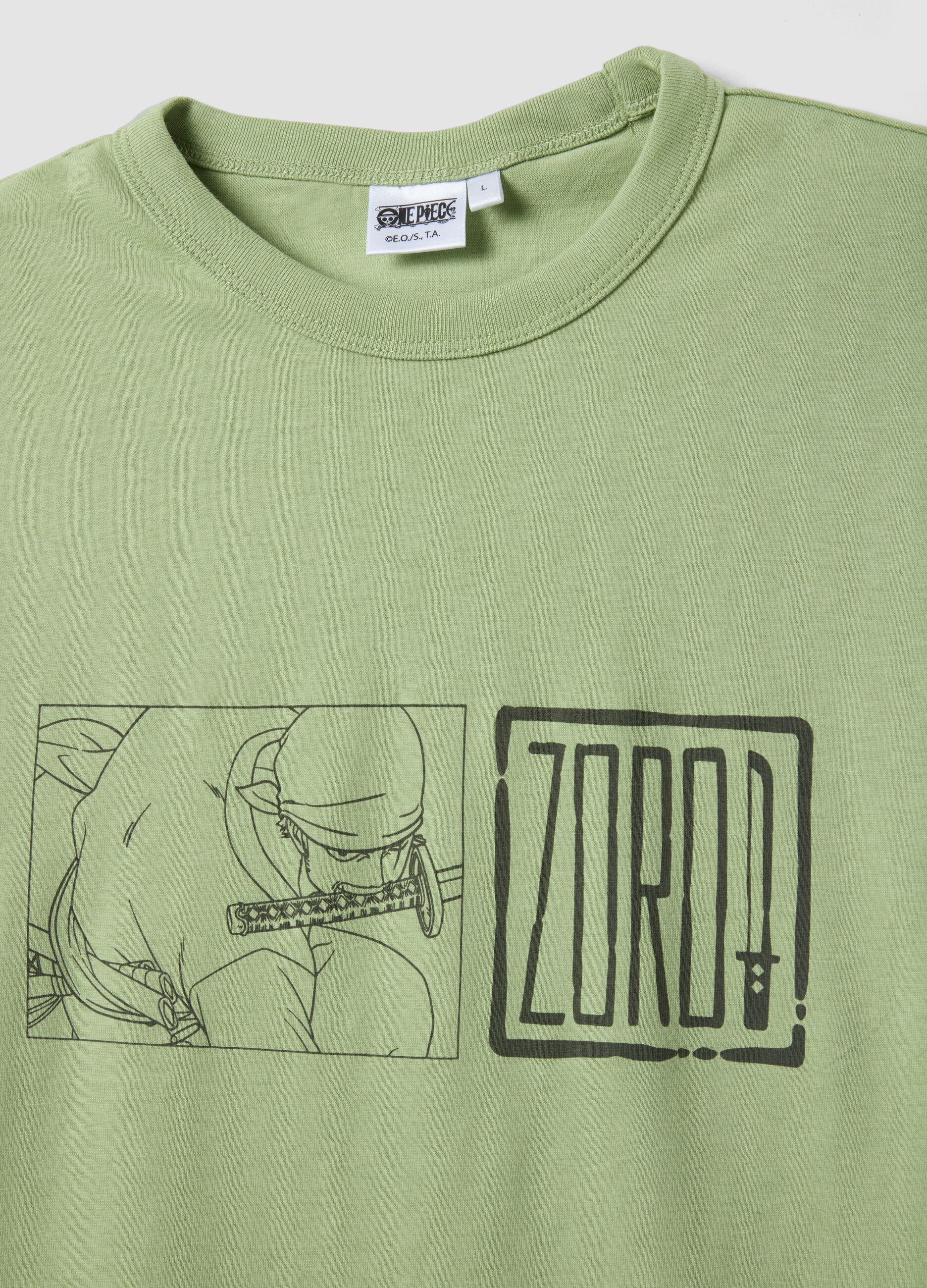 Green pure cotton T-shirt with One Piece print