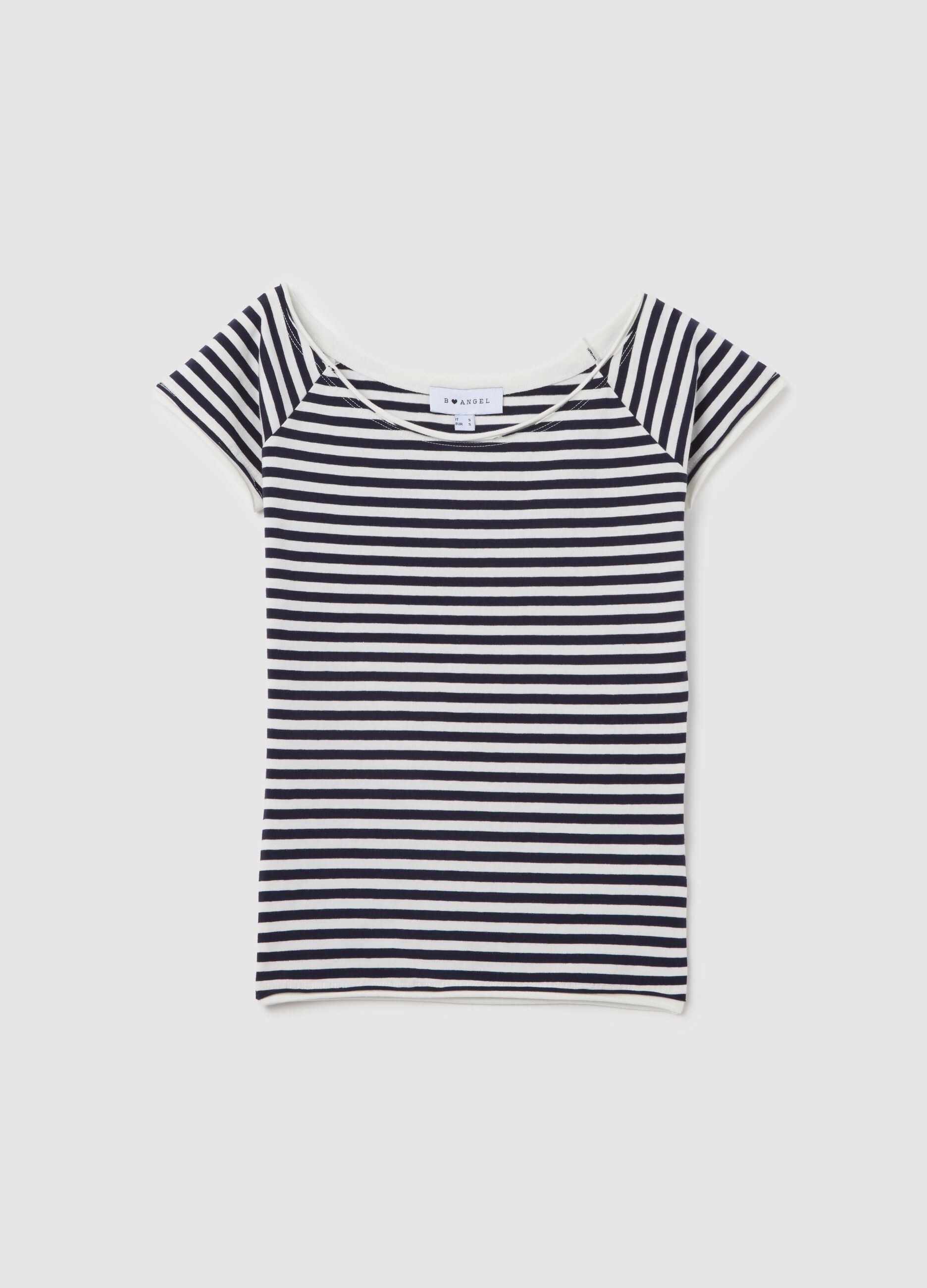 T-shirt da donna in cotone elasticizzato a righe bianche e blu