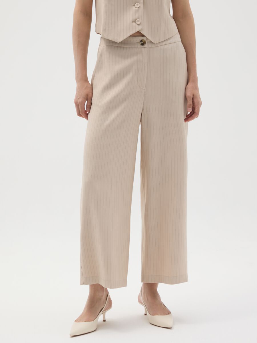 Beige Striped Wide Leg Trousers_1