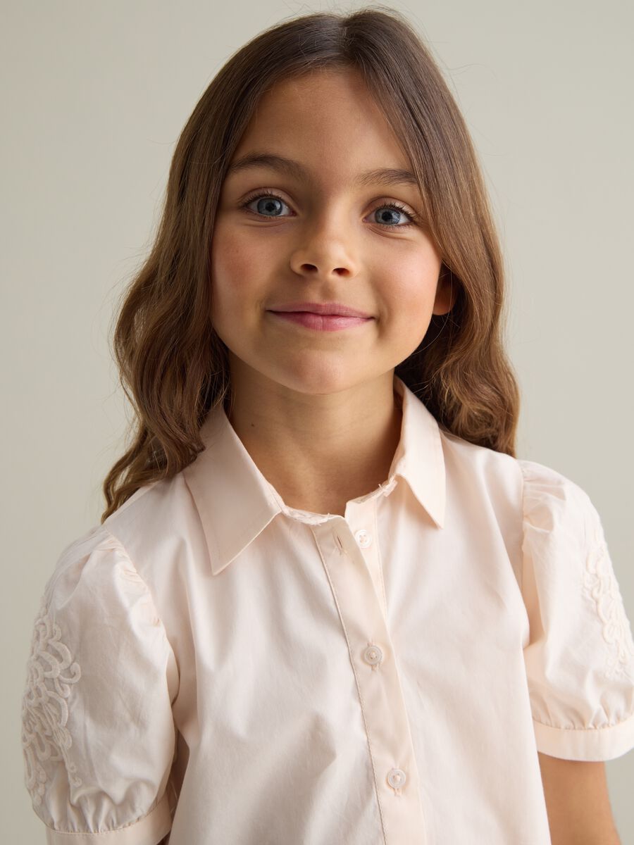 Beige Poplin Short Sleeve Shirt for Girls_1