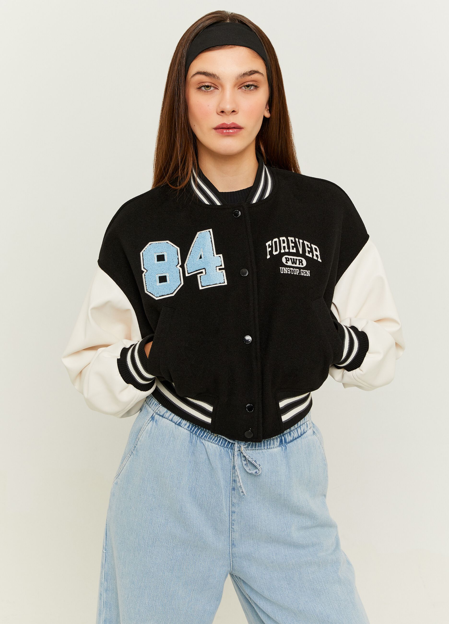 Varsity bomber jacket with glossy-effect sleeves