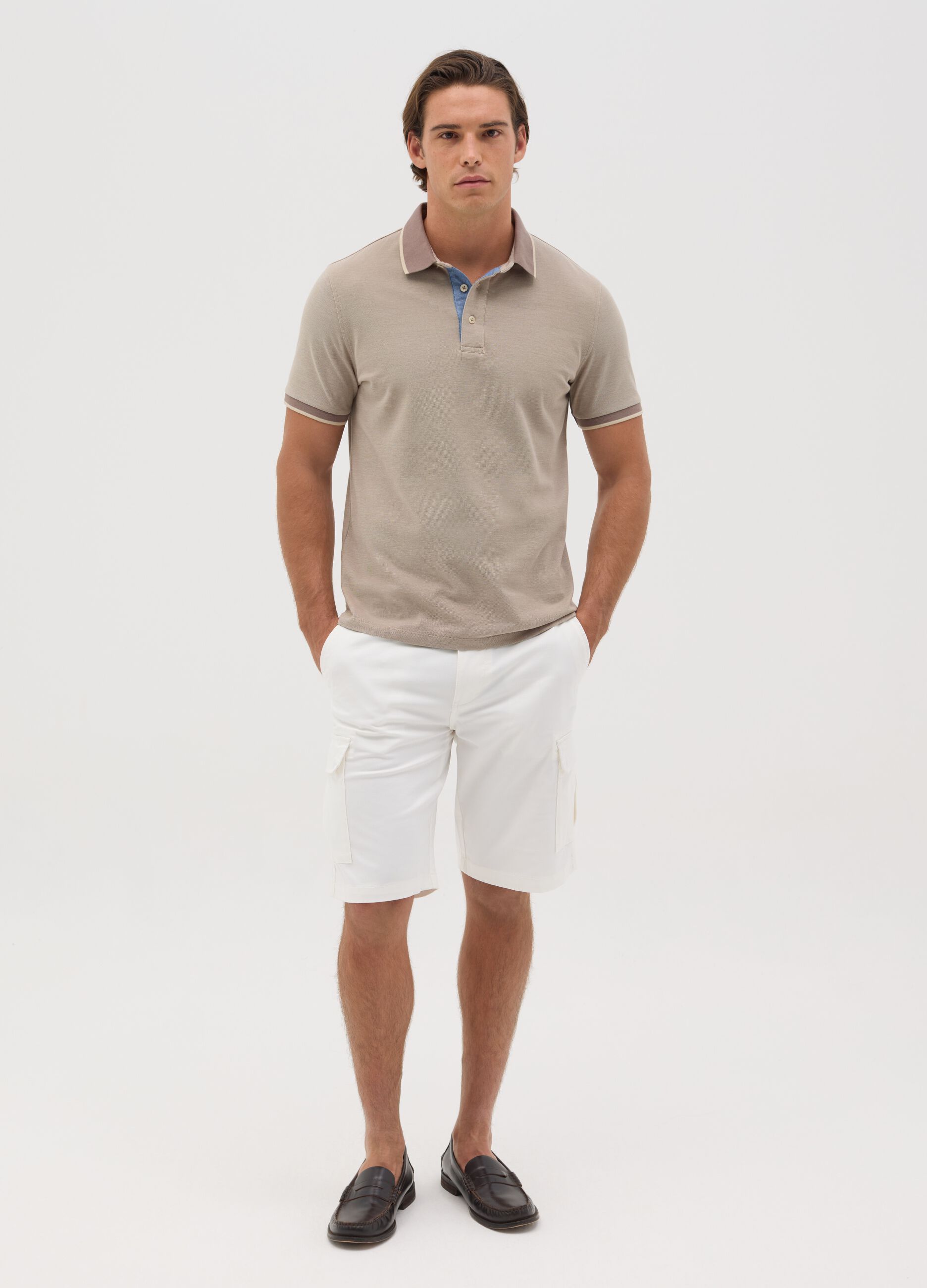 Beige polo shirt with short sleeves in cotton piquet