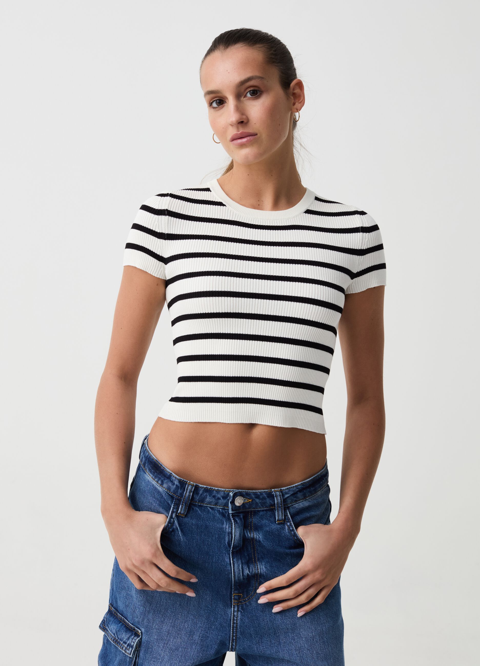 Ribbed crop T-shirt with striped pattern