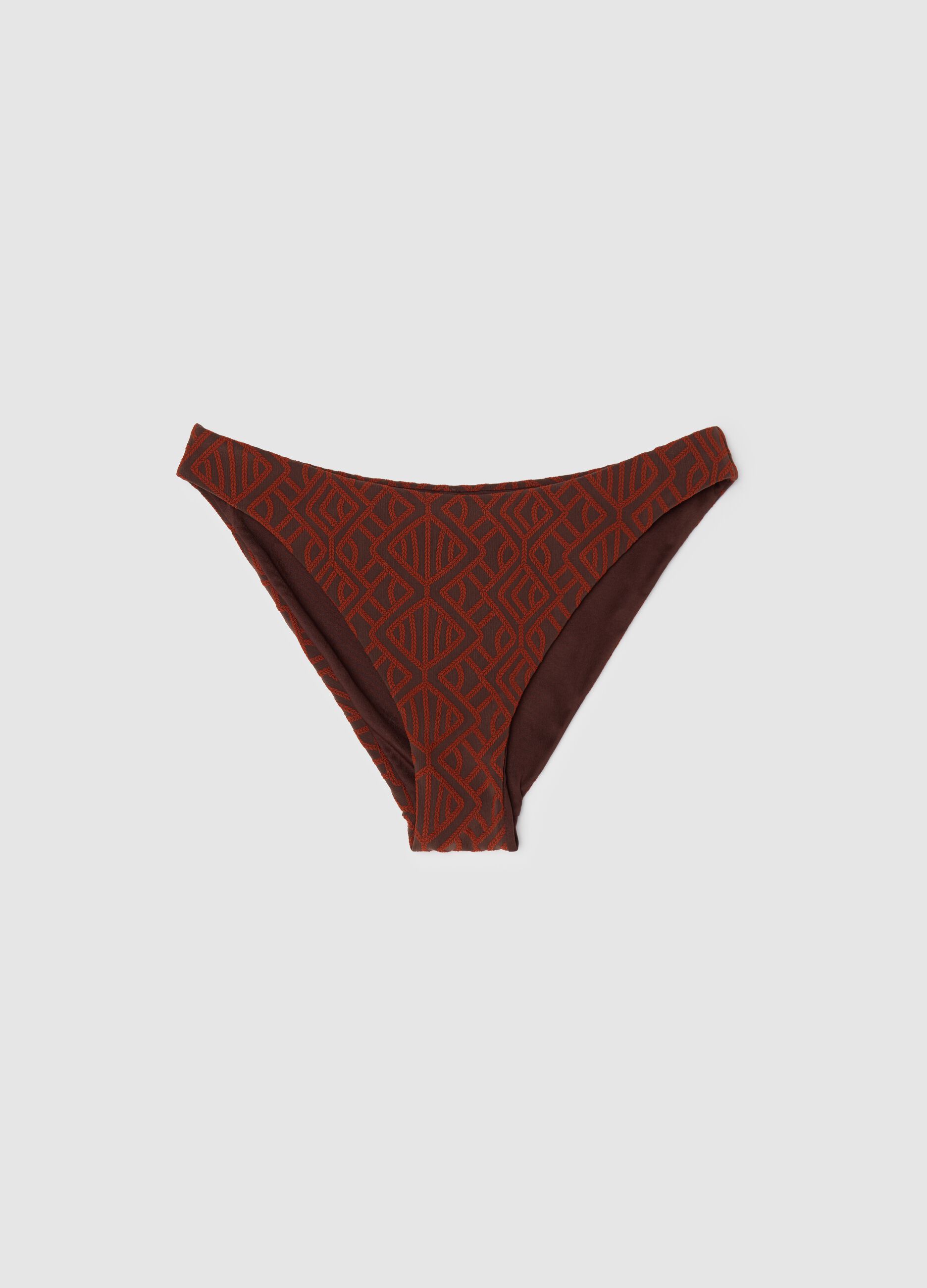 Slip bikini da donna in tessuto elasticizzato marrone con motivo geometrico
