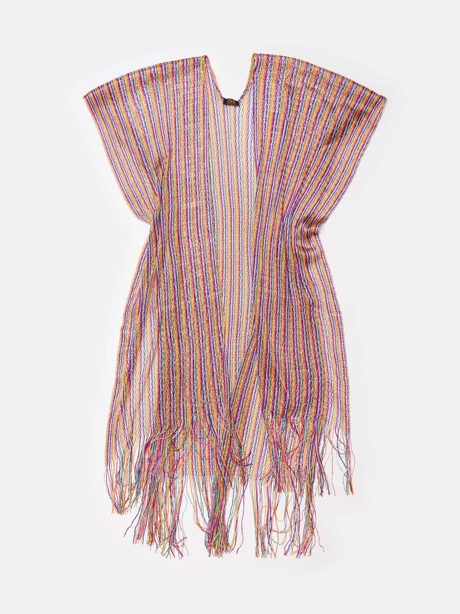 Beach cover-up cape with stripes and fringing_0