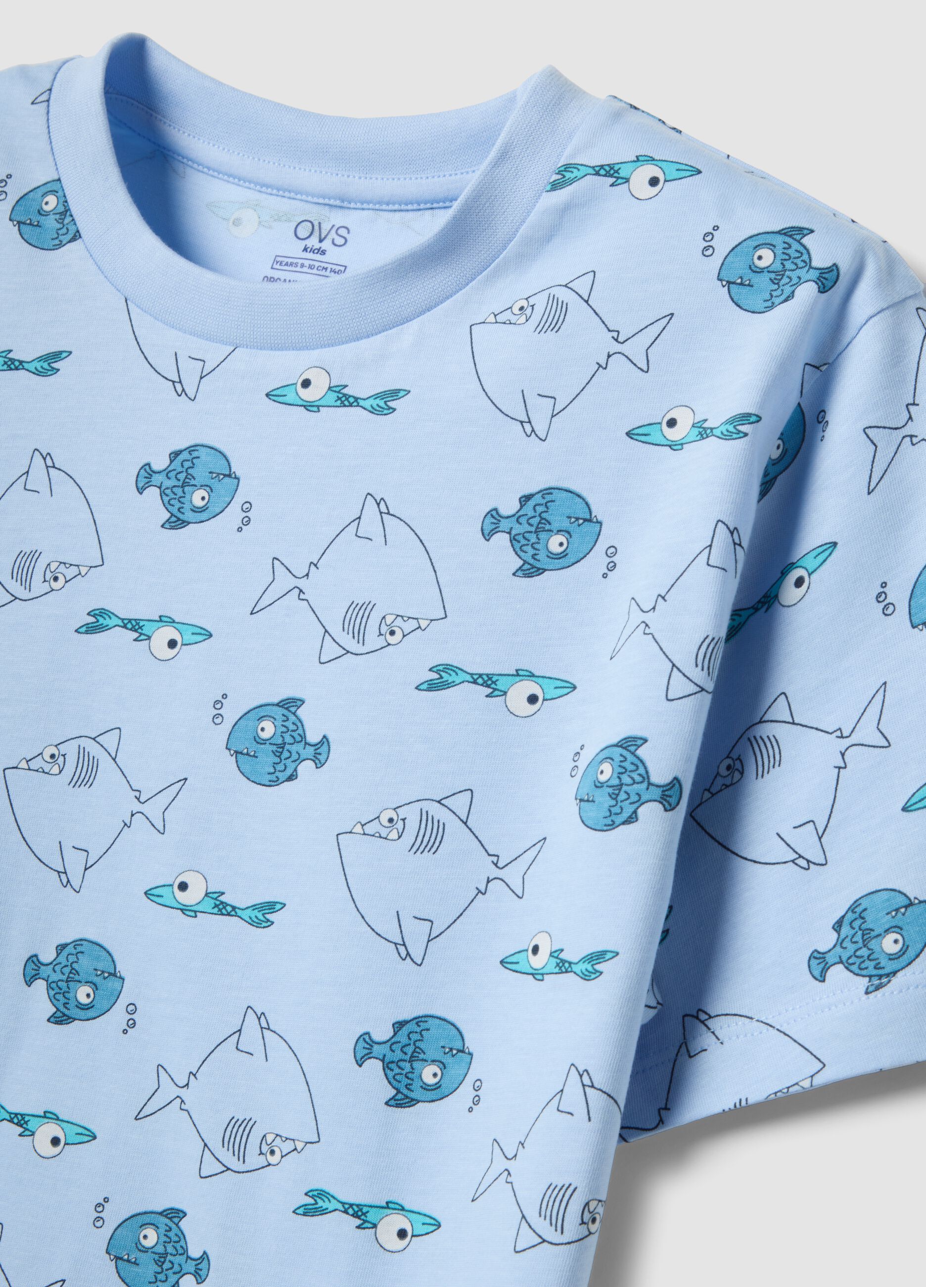 Blue pure organic cotton boys&rsquo; pyjamas with fish print