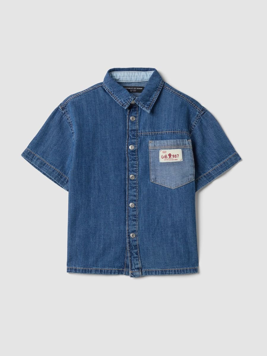 Blue denim short-sleeve pure cotton shirt_0