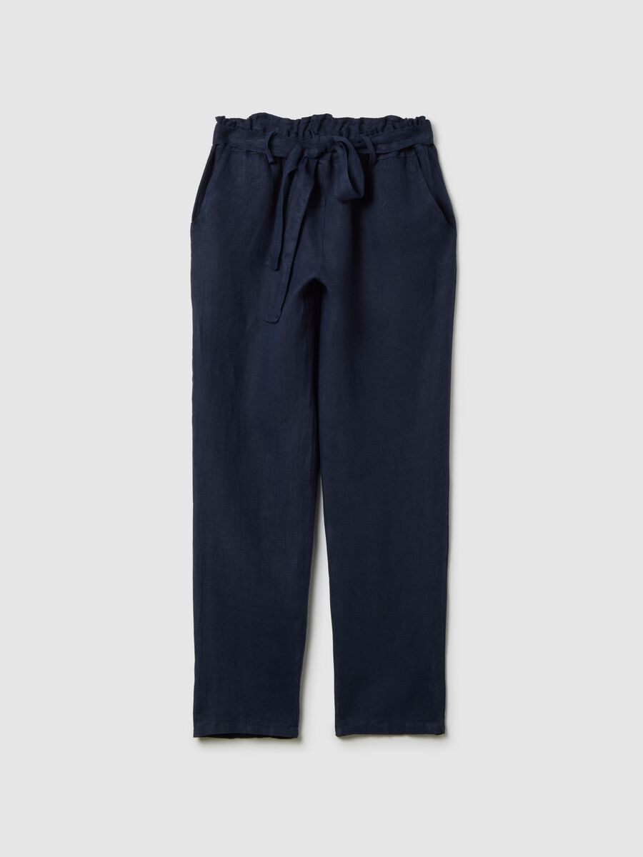 Pantaloni da donna in puro lino blu regular fit_0