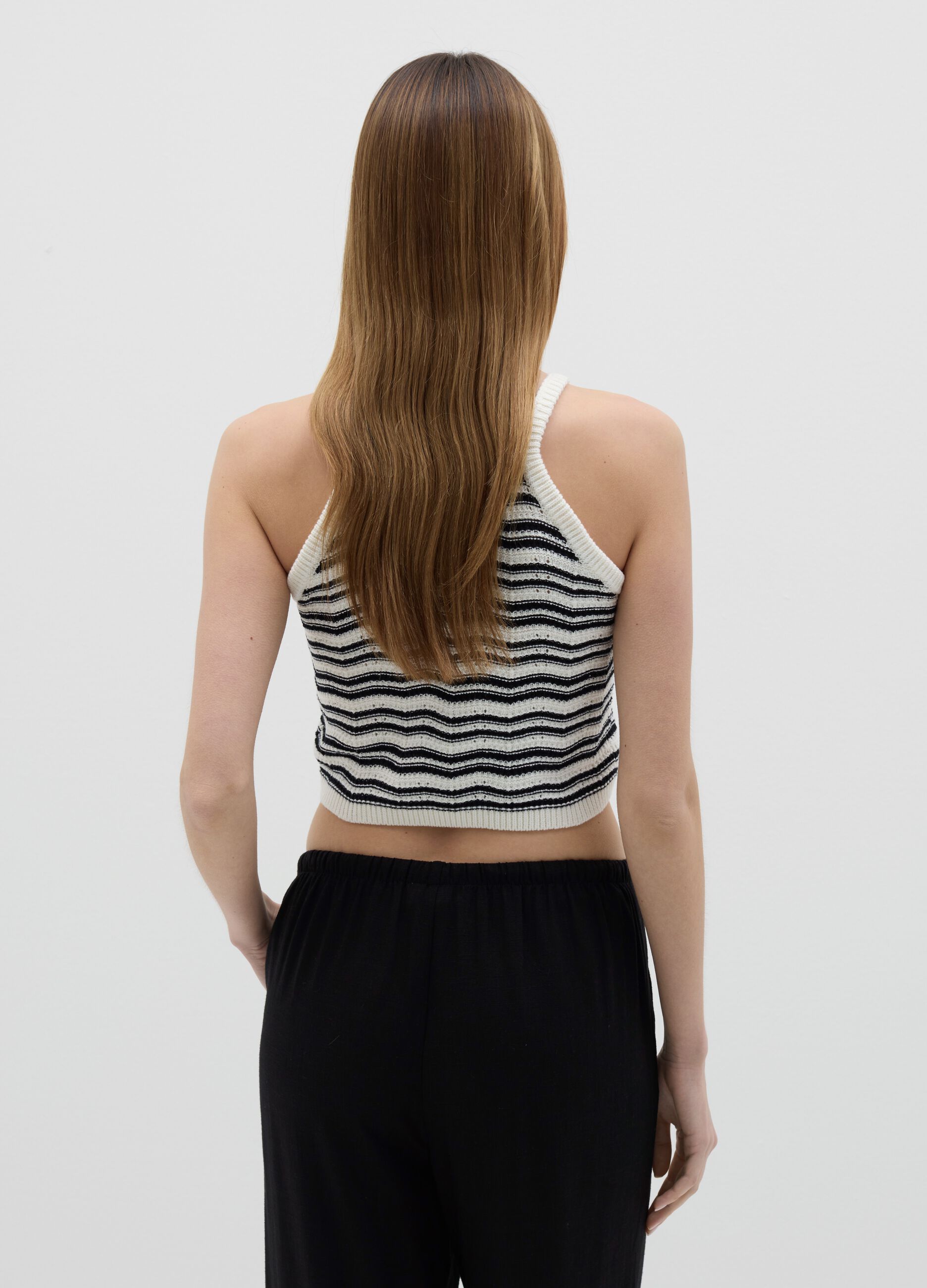 White and black striped cotton knit cropped top