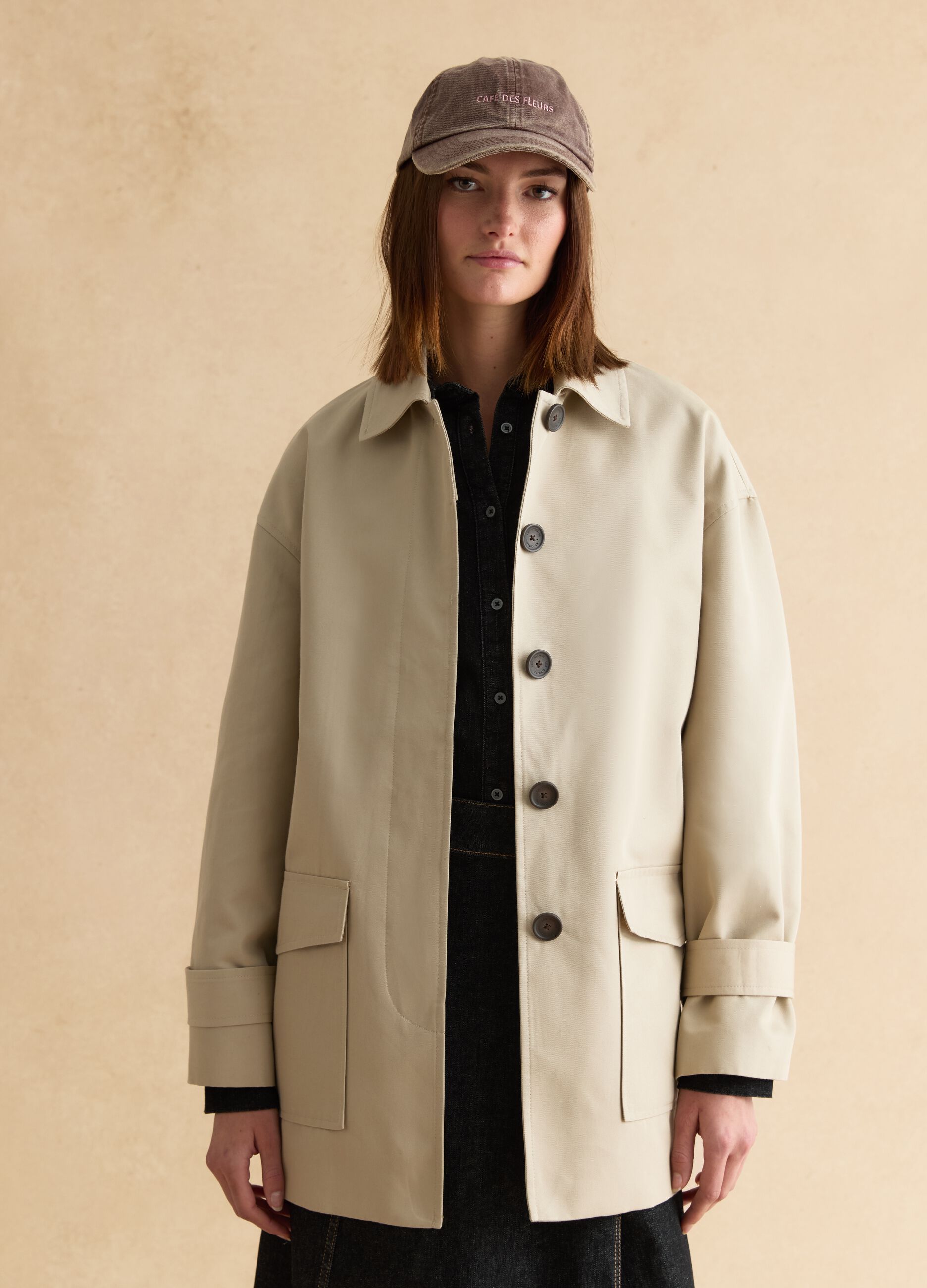 Beige cotton blend regular fit trench with belt