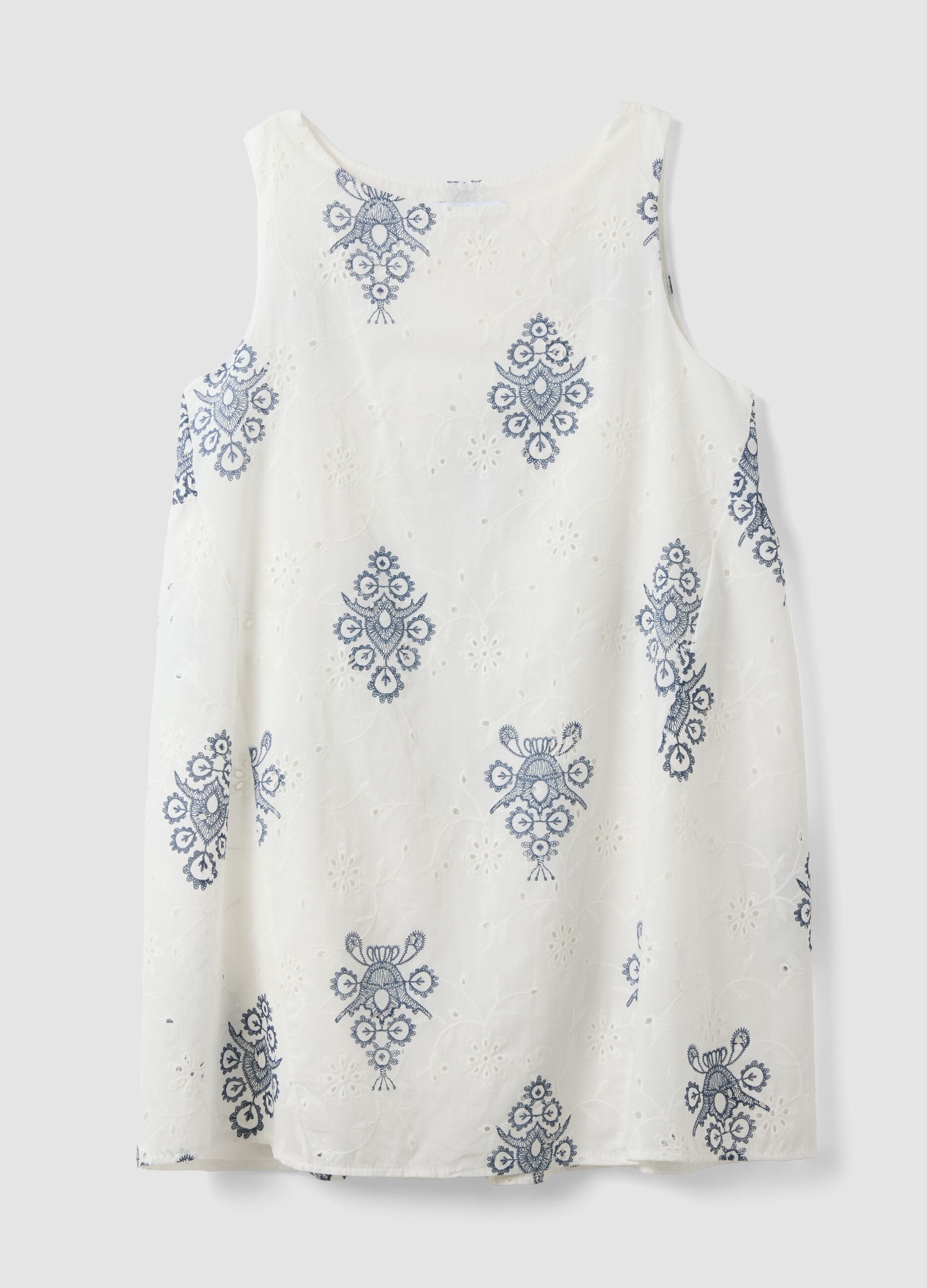 White broderie anglaise pure cotton dress with blue embroidery, regular fit