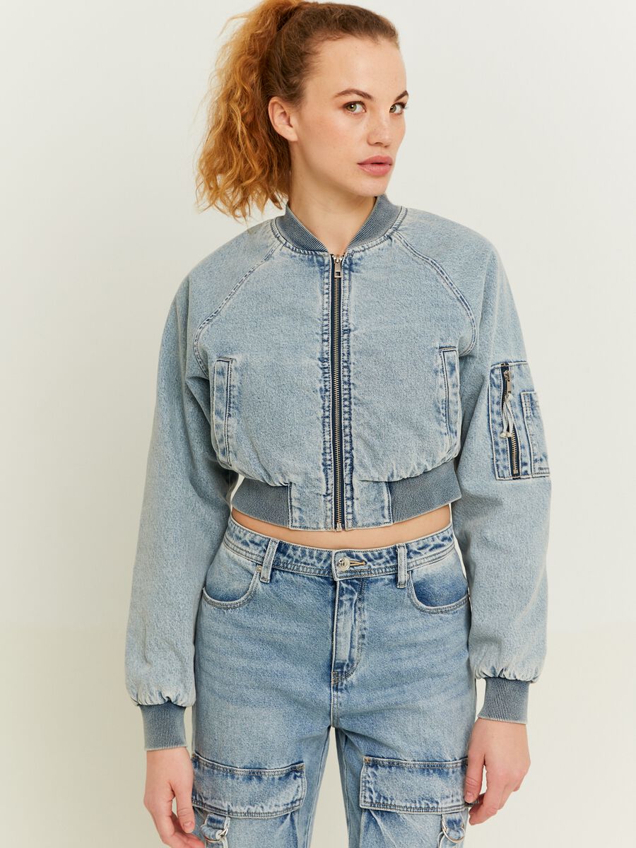 Cropped bomber jacket in acid wash denim_2