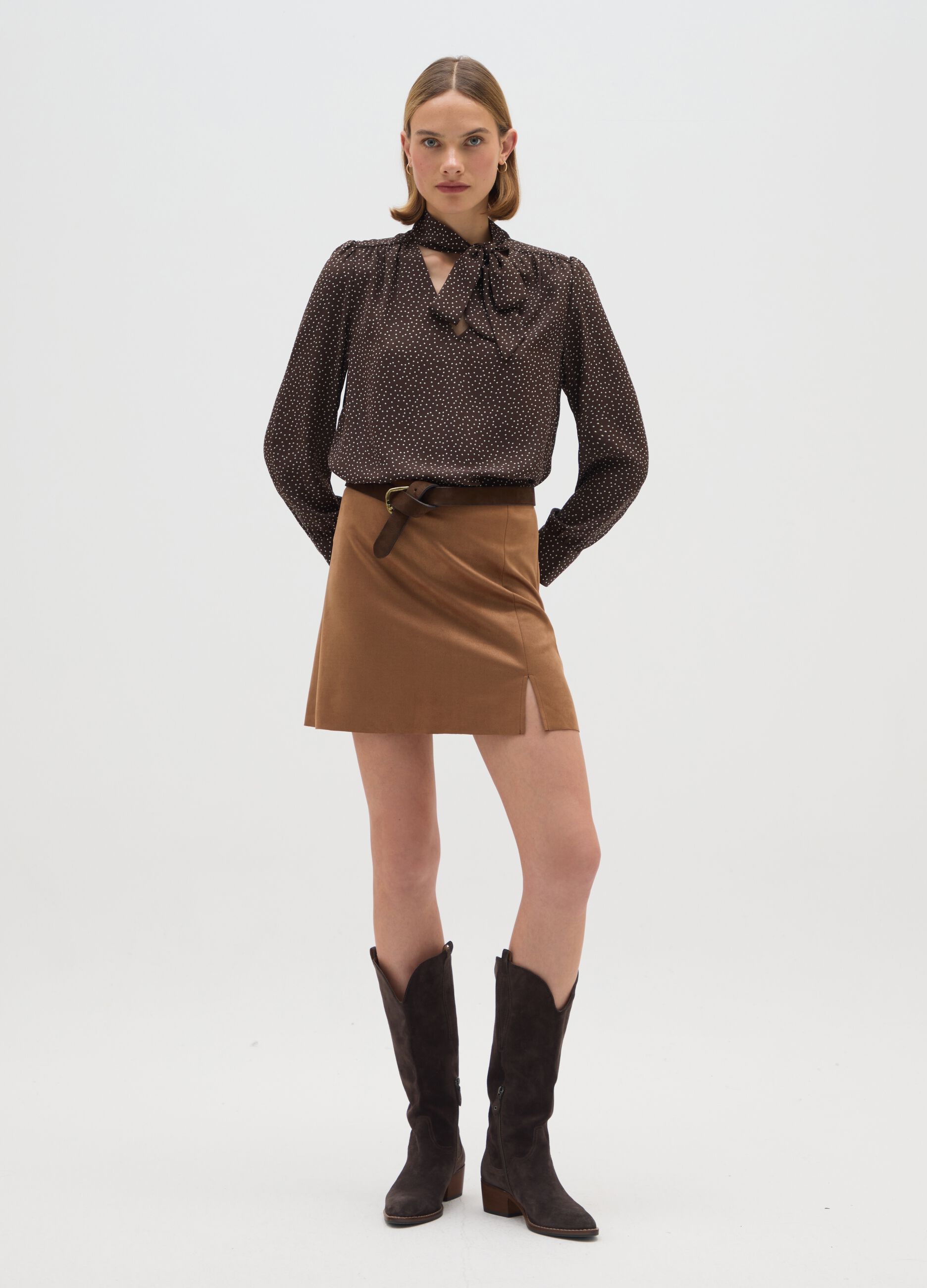Brown polka dot shirt in mixed fabric
