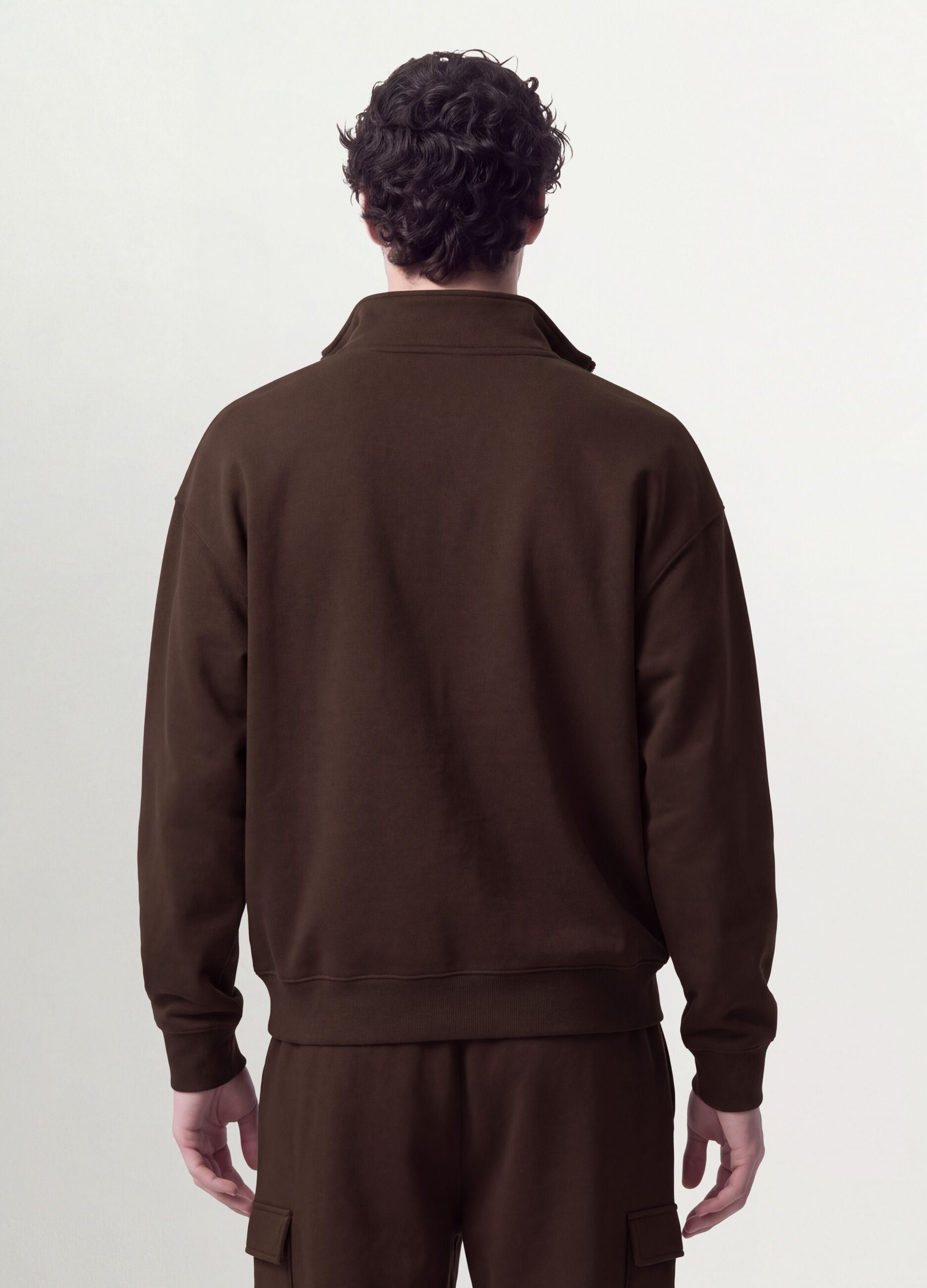 Brown half-zip cotton-blend crew neck