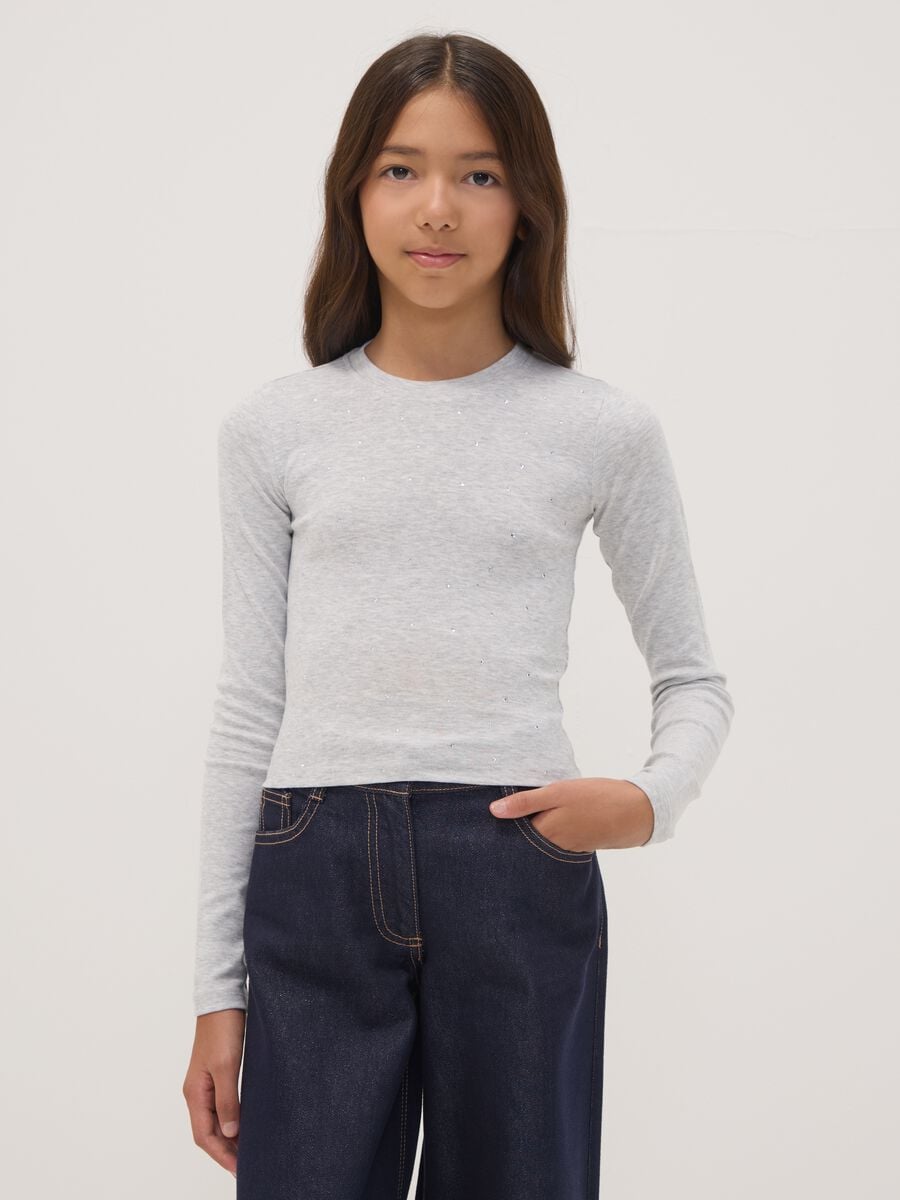 T-shirt grigia in cotone organico e viscosa elasticizzata con strass_1