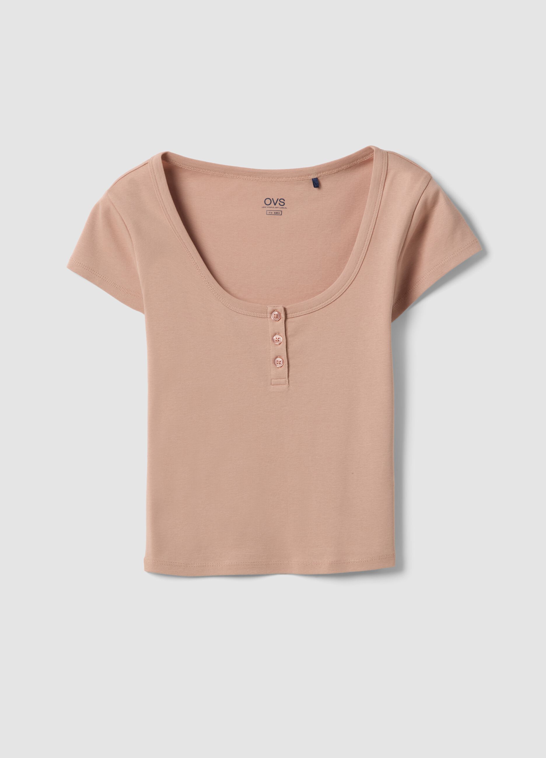 Pink pure cotton regular fit T-shirt with deep serafino neckline
