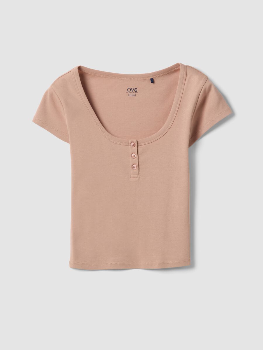 Pink pure cotton regular fit T-shirt with deep serafino neckline_0