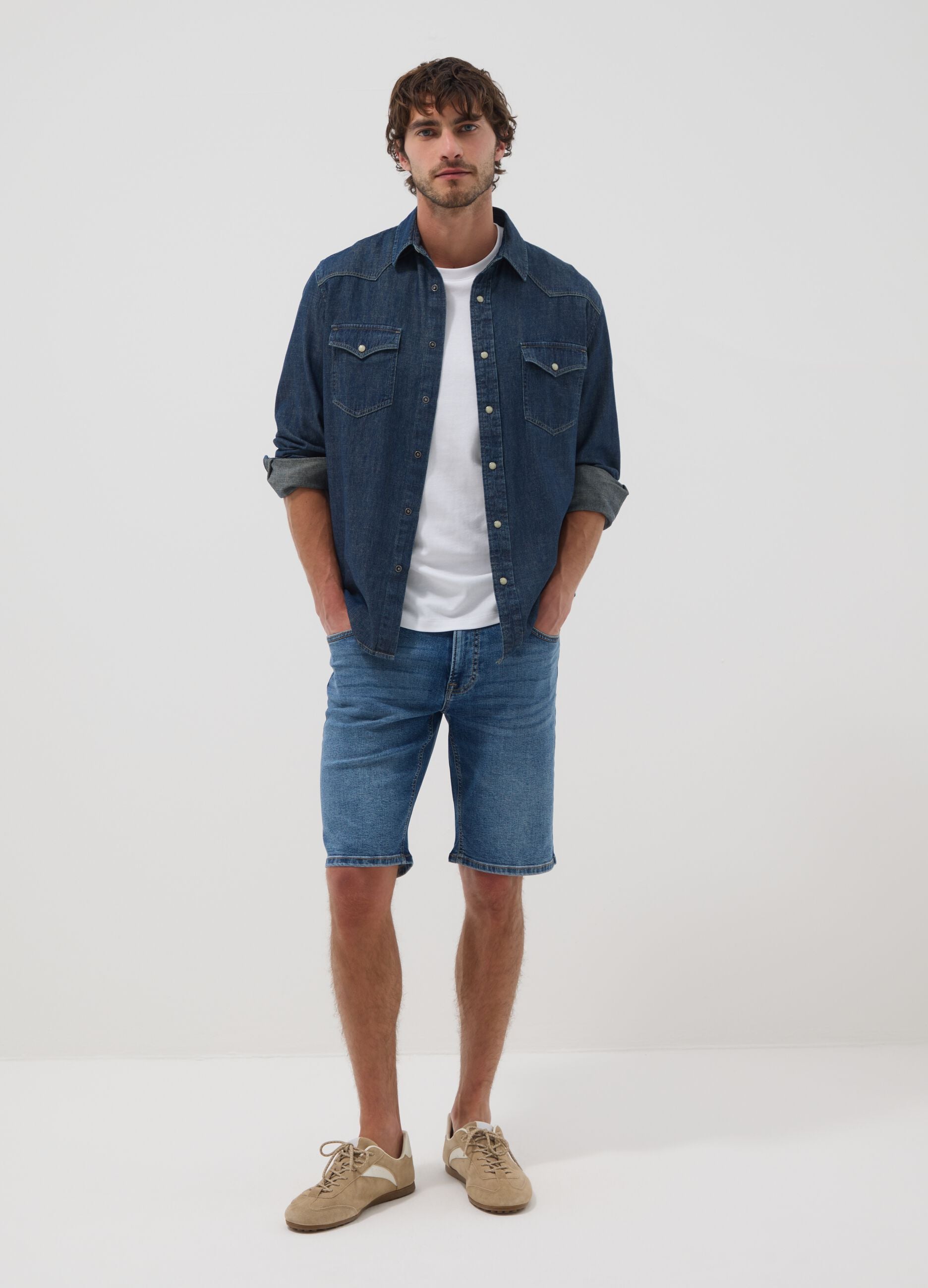 Blue stretch cotton Bermuda shorts