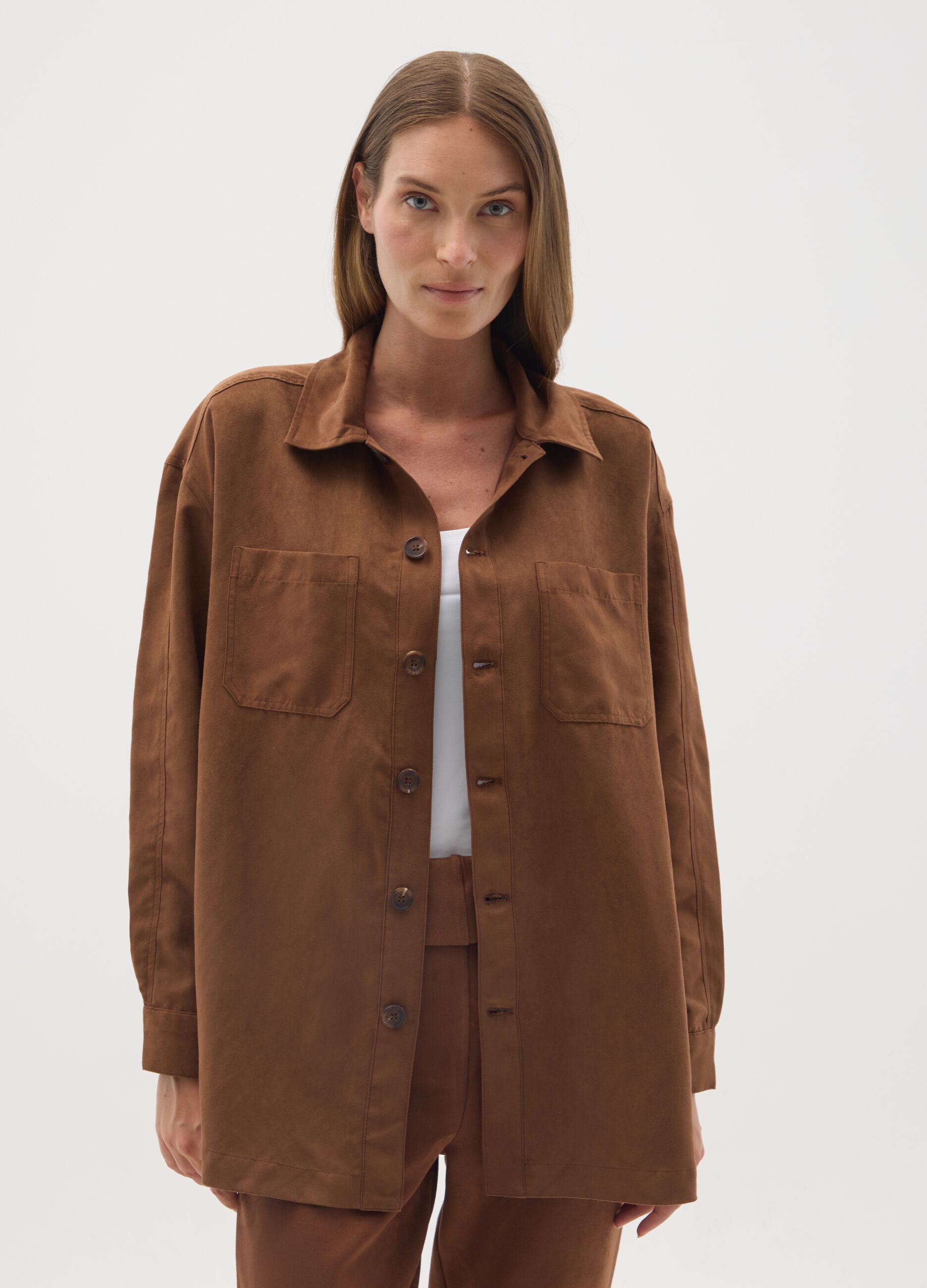 Brown Suede Maternity Shacket