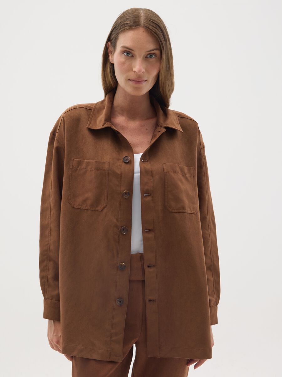Brown Suede Maternity Shacket_1