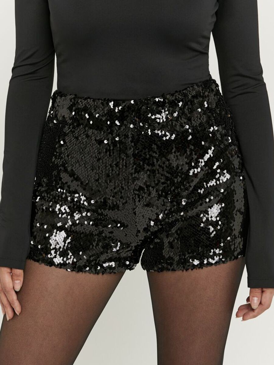 Regular fit black stretch fabric shorts with sequins_1