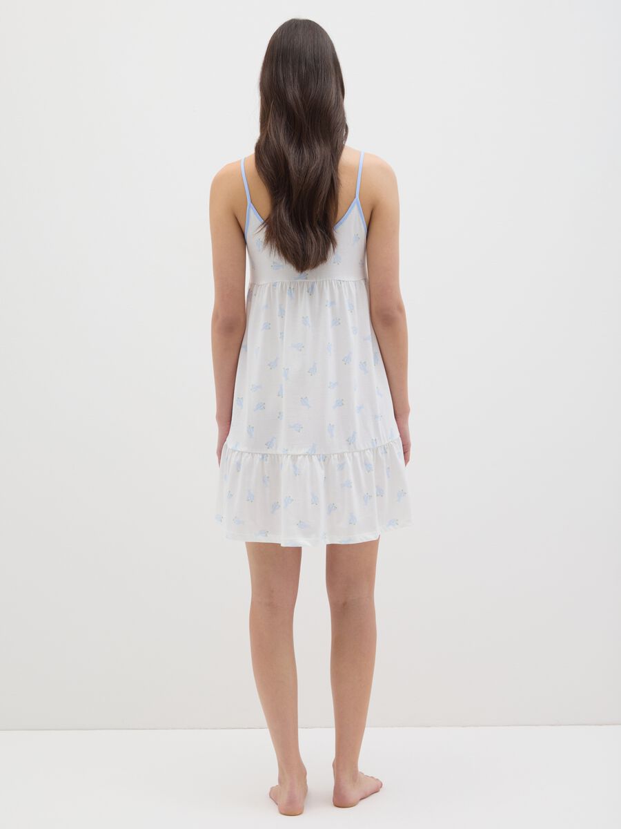 Women's White Pure Cotton Summer Dress with Blue Cactus Motif and Ruffle Hem_2
