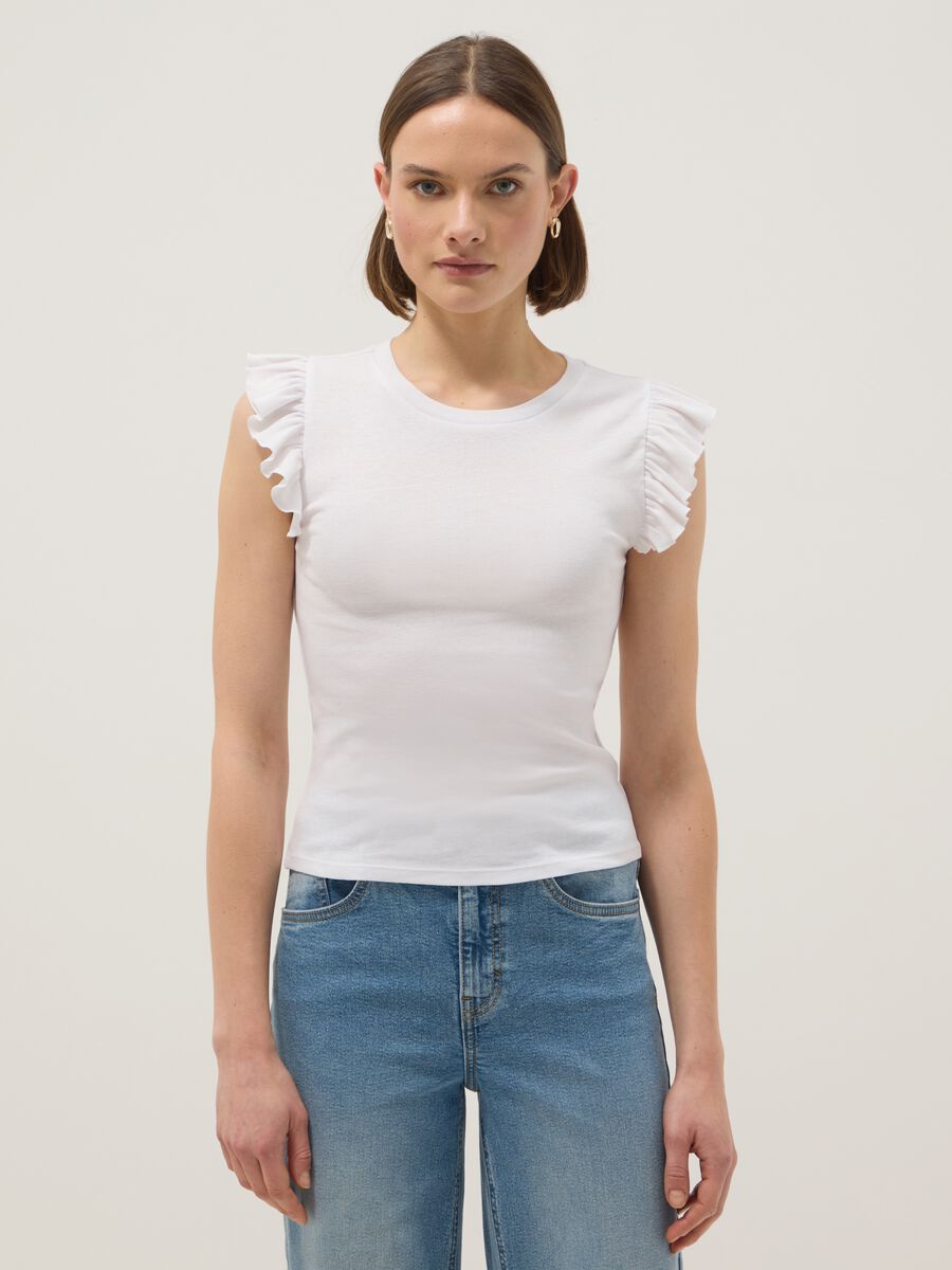 White pure cotton slim fit T-shirt with ruffles_0