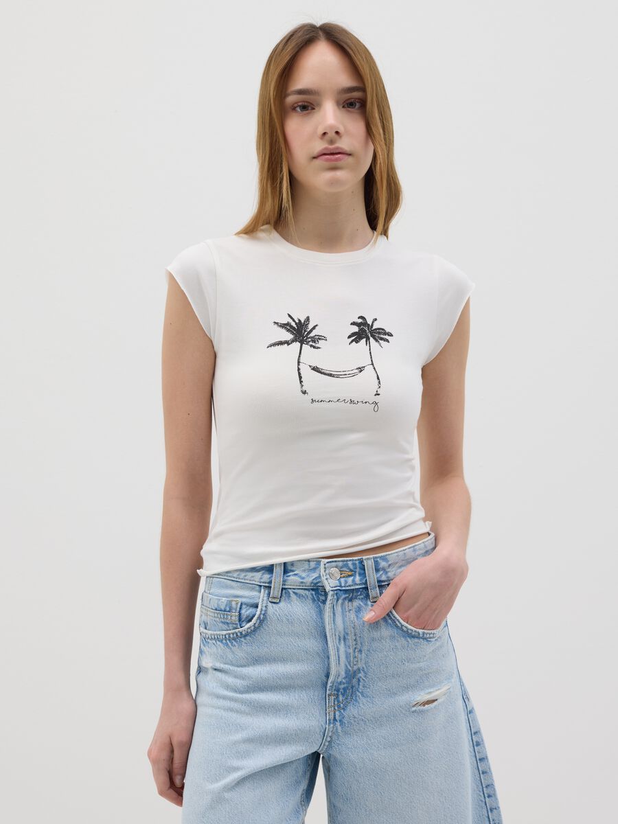 White fitted T-shirt with palm trees B.Angel_0